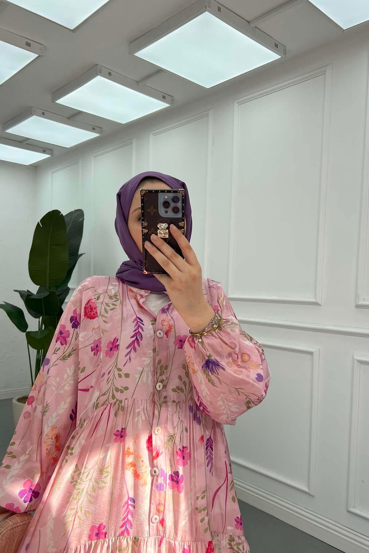 Desenli Mango Elbise Pembe