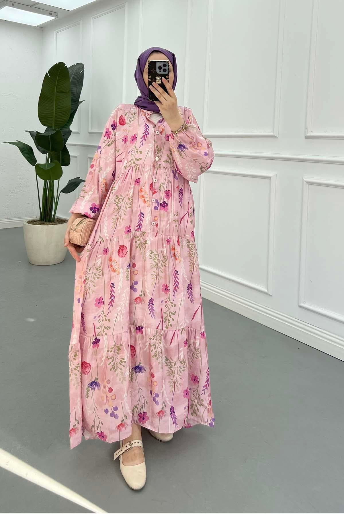 Desenli Mango Elbise Pembe