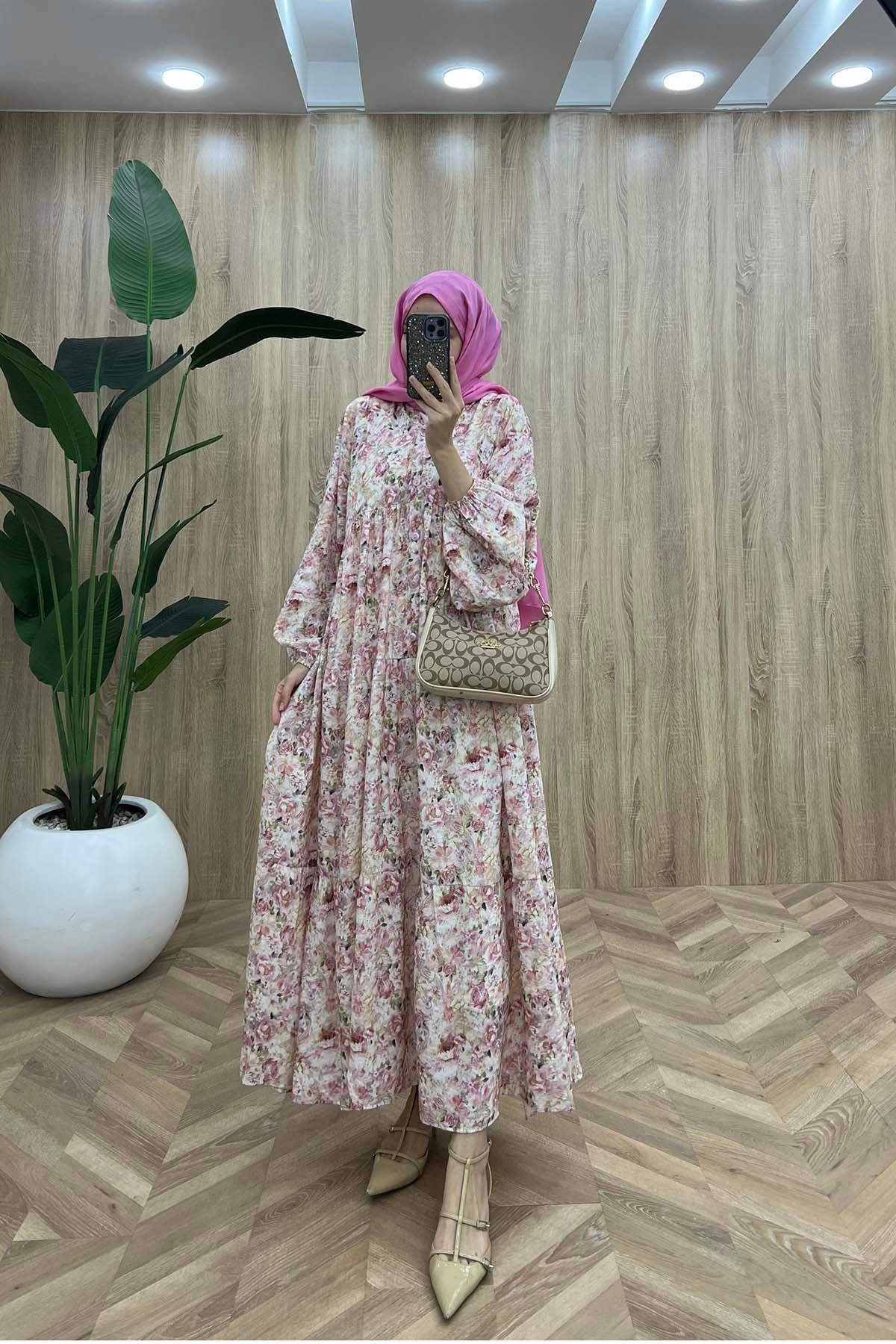 Desenli Mango Elbise Pembe
