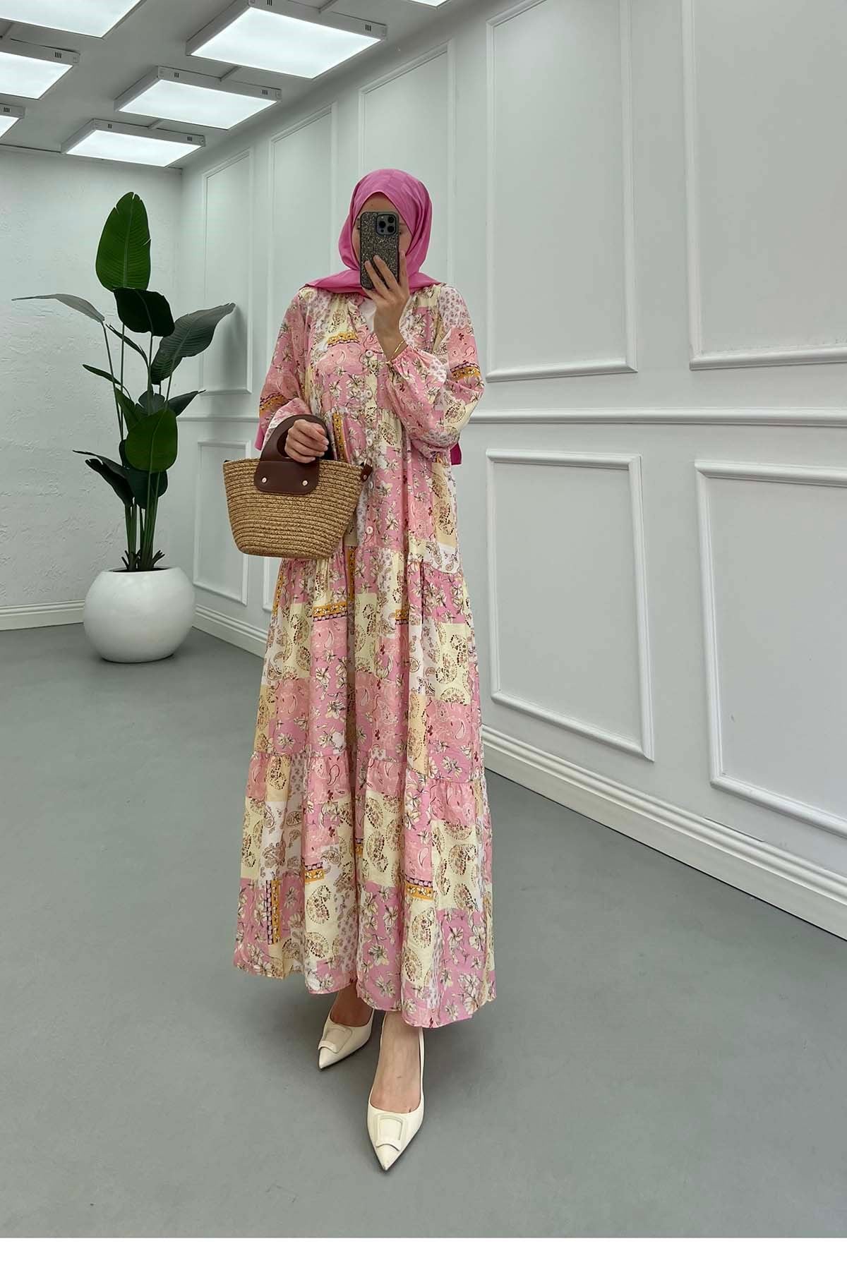 Desenli Mango Elbise Pembe-Beyaz
