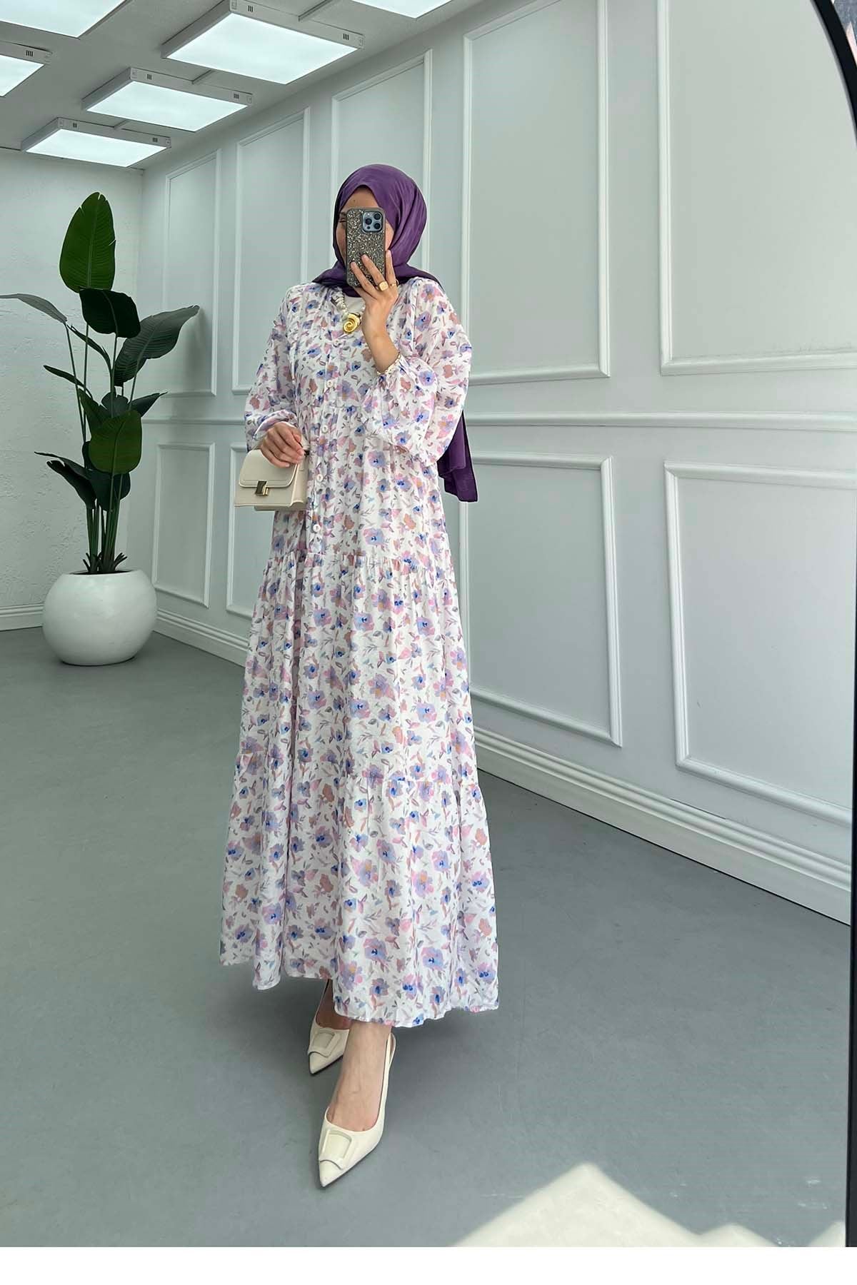 Desenli Mango Elbise Pembe-Beyaz