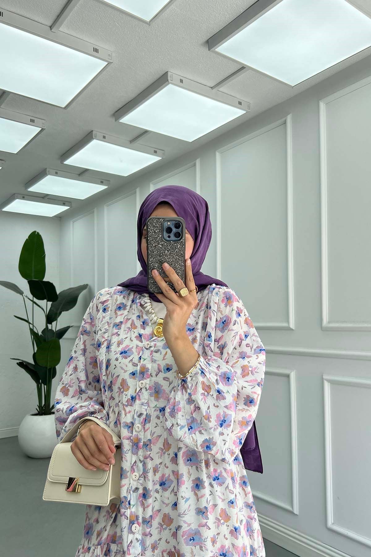 Desenli Mango Elbise Pembe-Beyaz