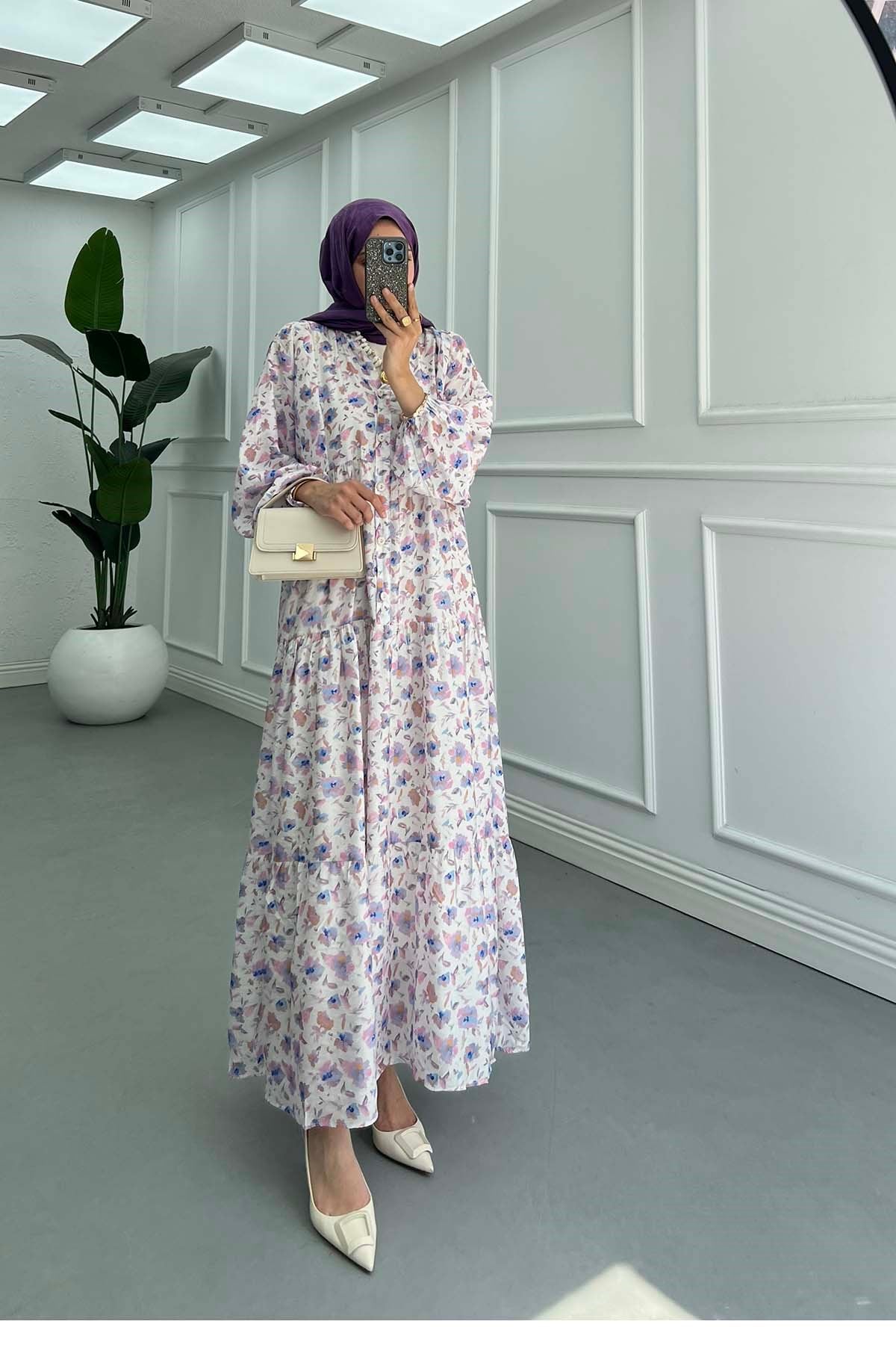 Desenli Mango Elbise Pembe-Beyaz