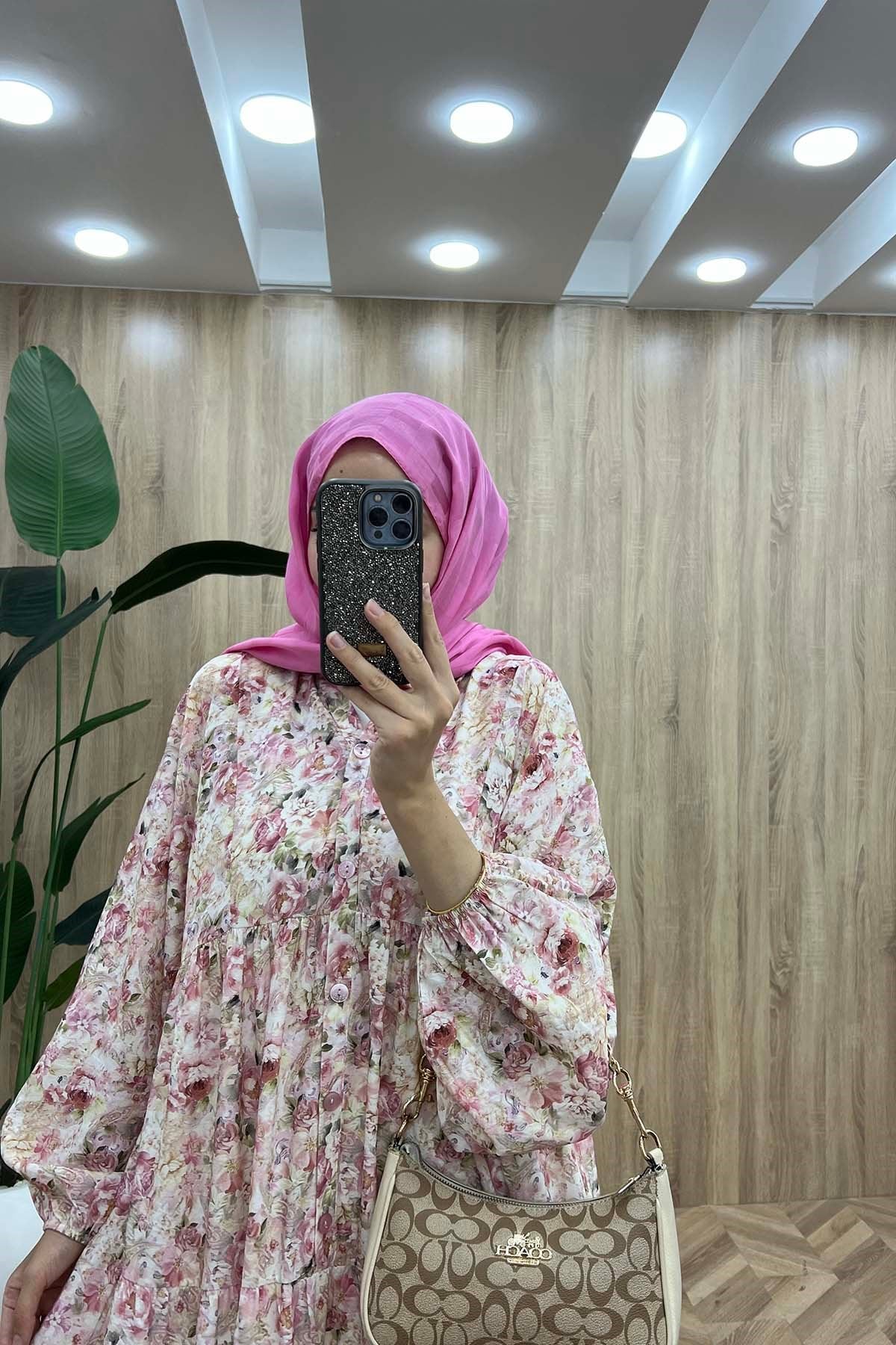 Desenli Mango Elbise Pembe