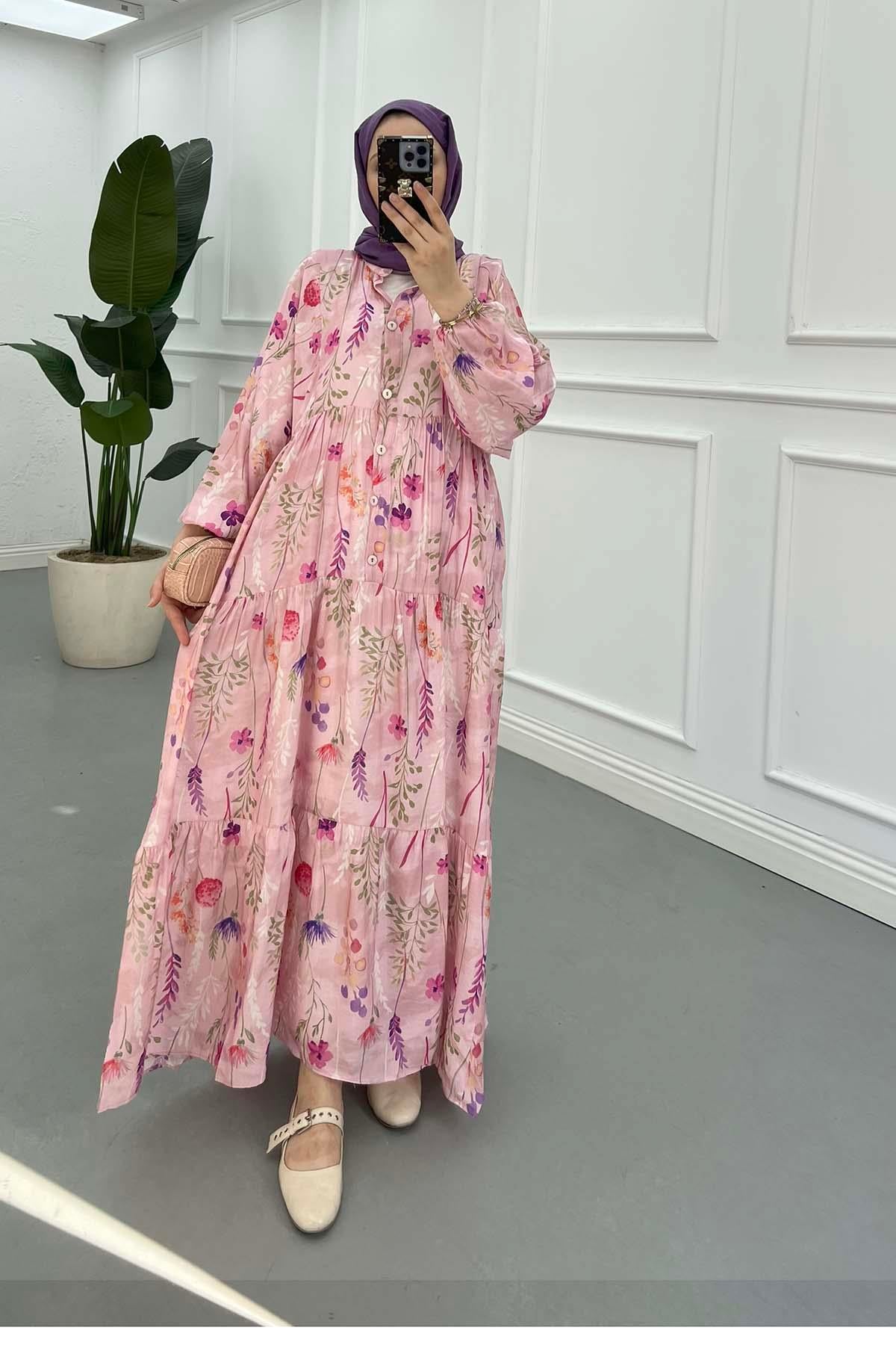 Desenli Mango Elbise Pembe
