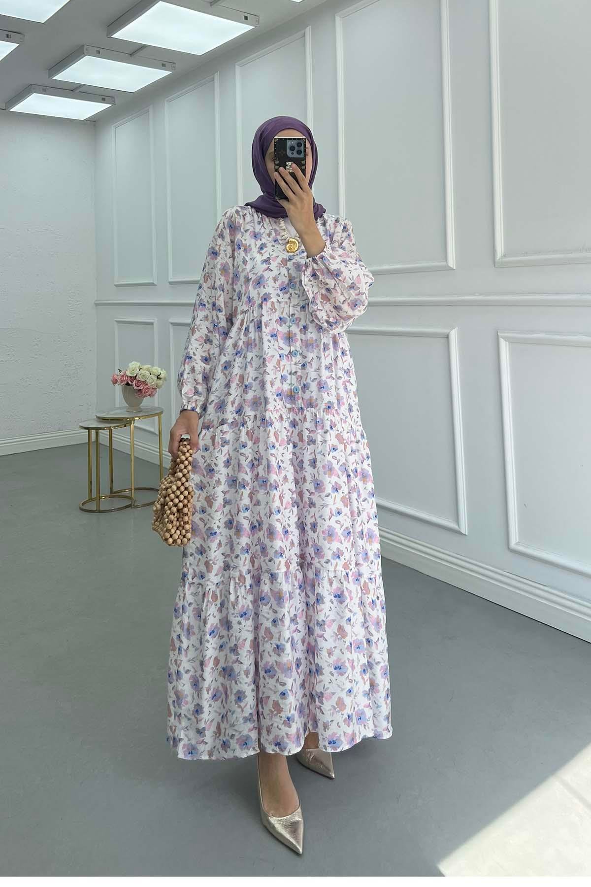 Desenli Mango Elbise Pembe - Mavi