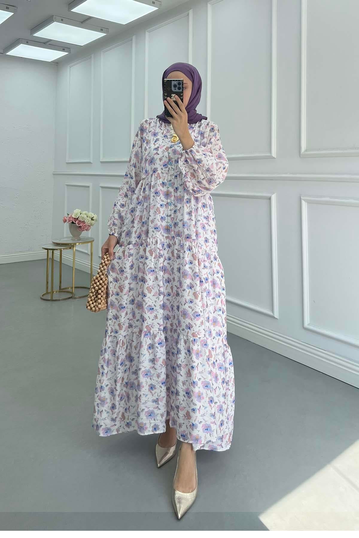 Desenli Mango Elbise Pembe - Mavi
