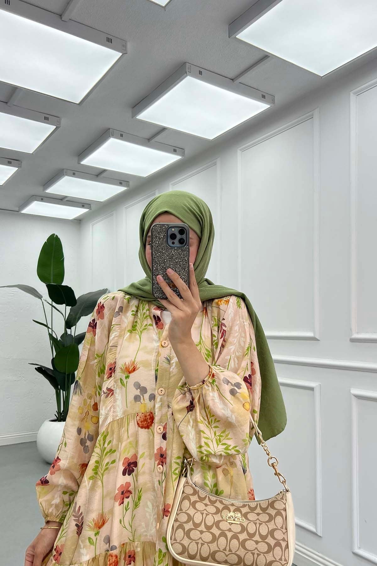 Desenli Mango Elbise Pudra