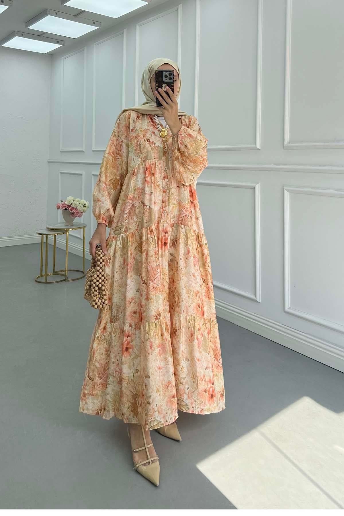 Desenli Mango Elbise Somon