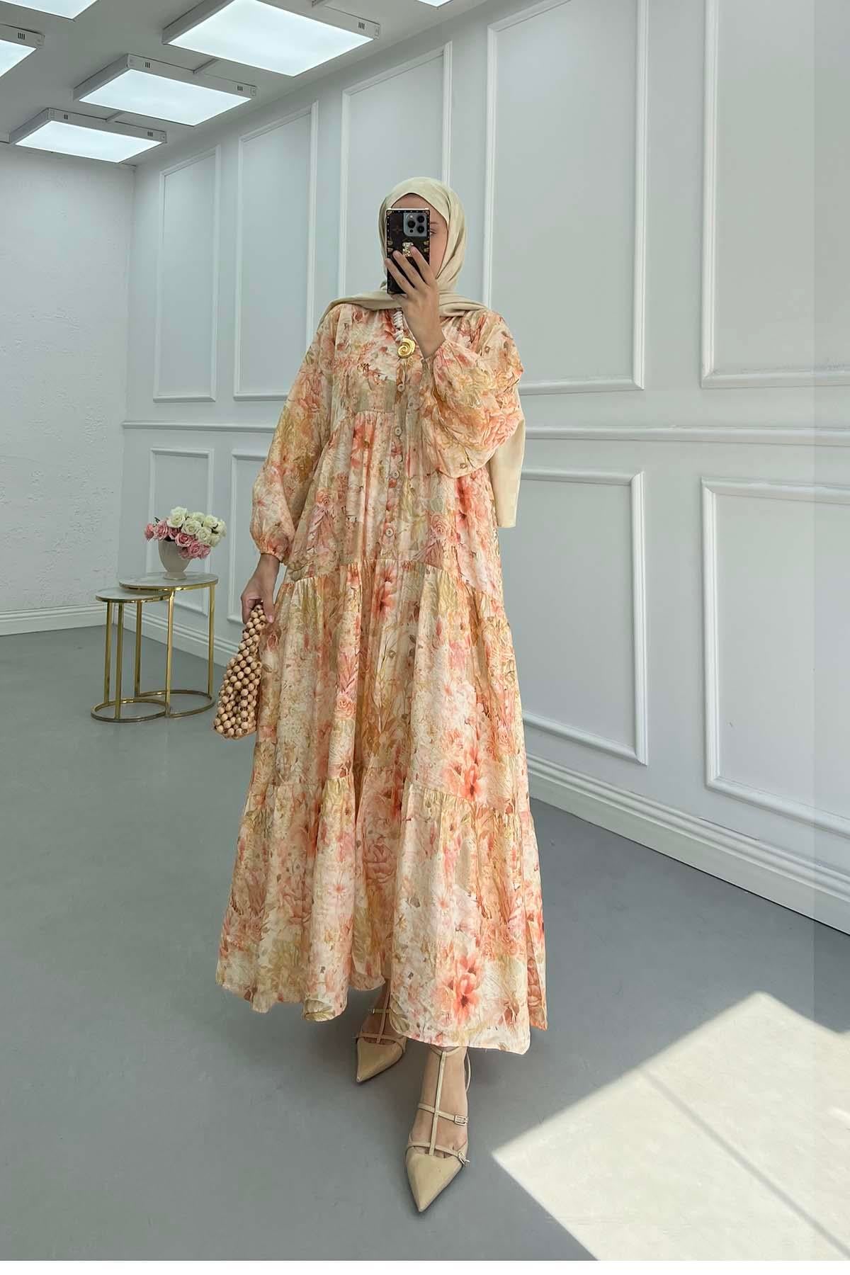 Desenli Mango Elbise Somon