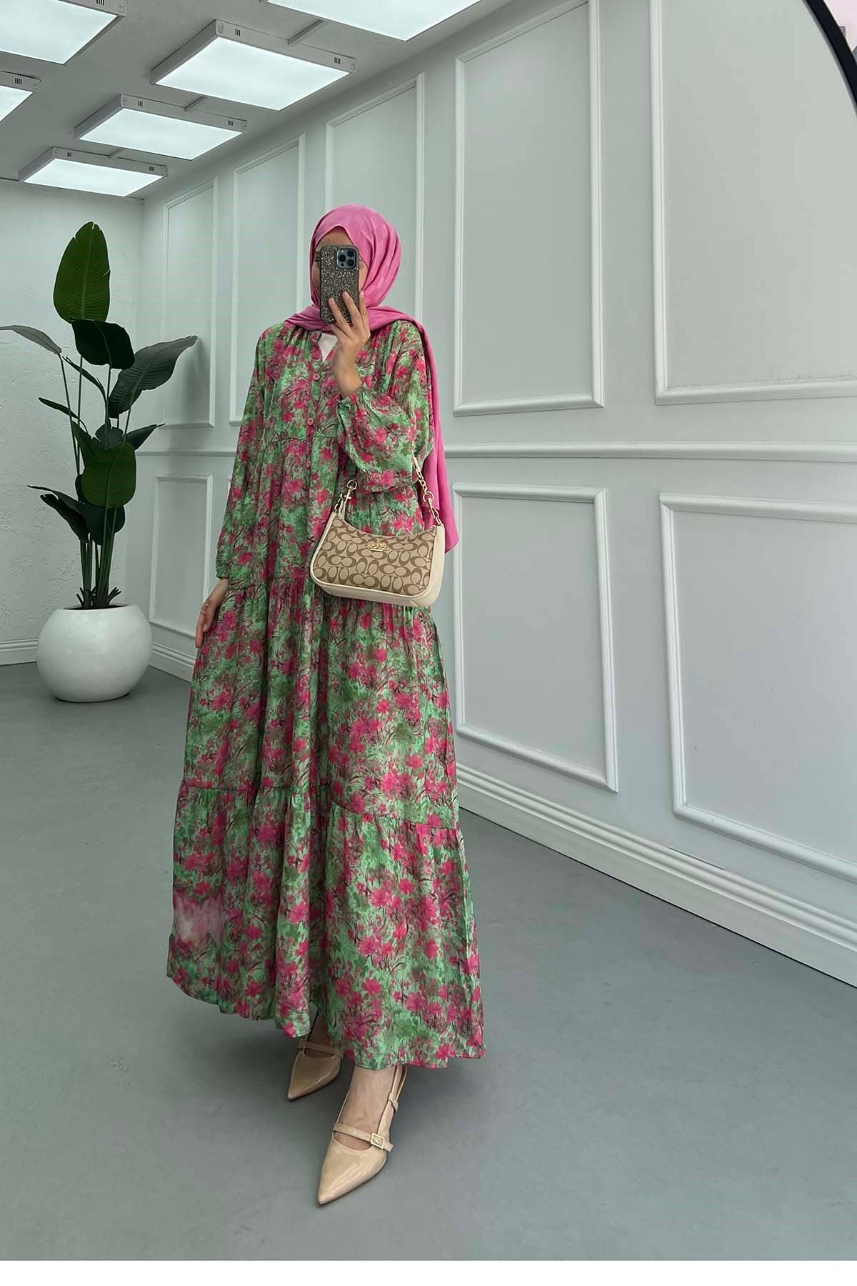 Desenli Mango Elbise Yeşil-Pembe-Krem