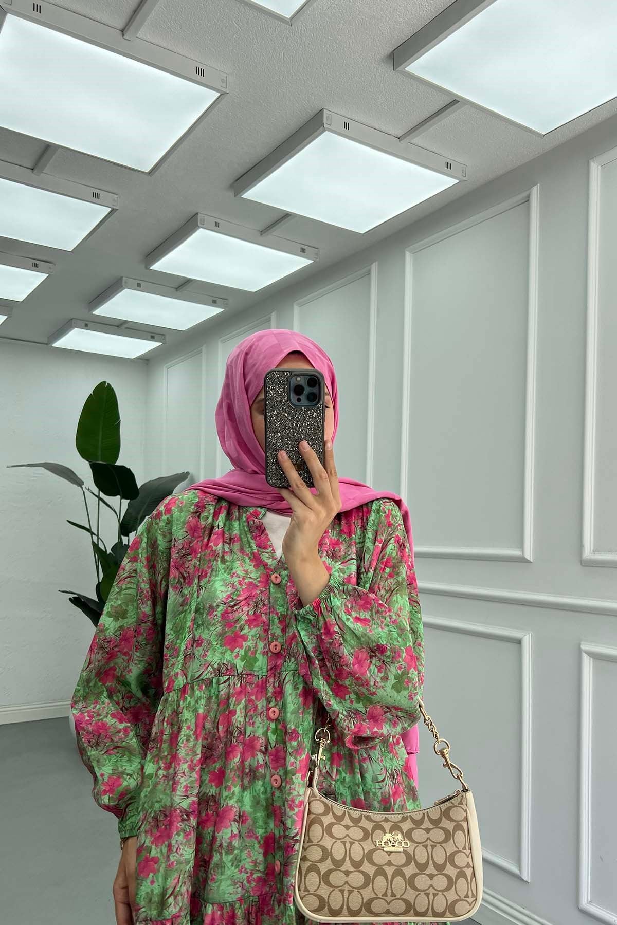 Desenli Mango Elbise Yeşil-Pembe-Krem