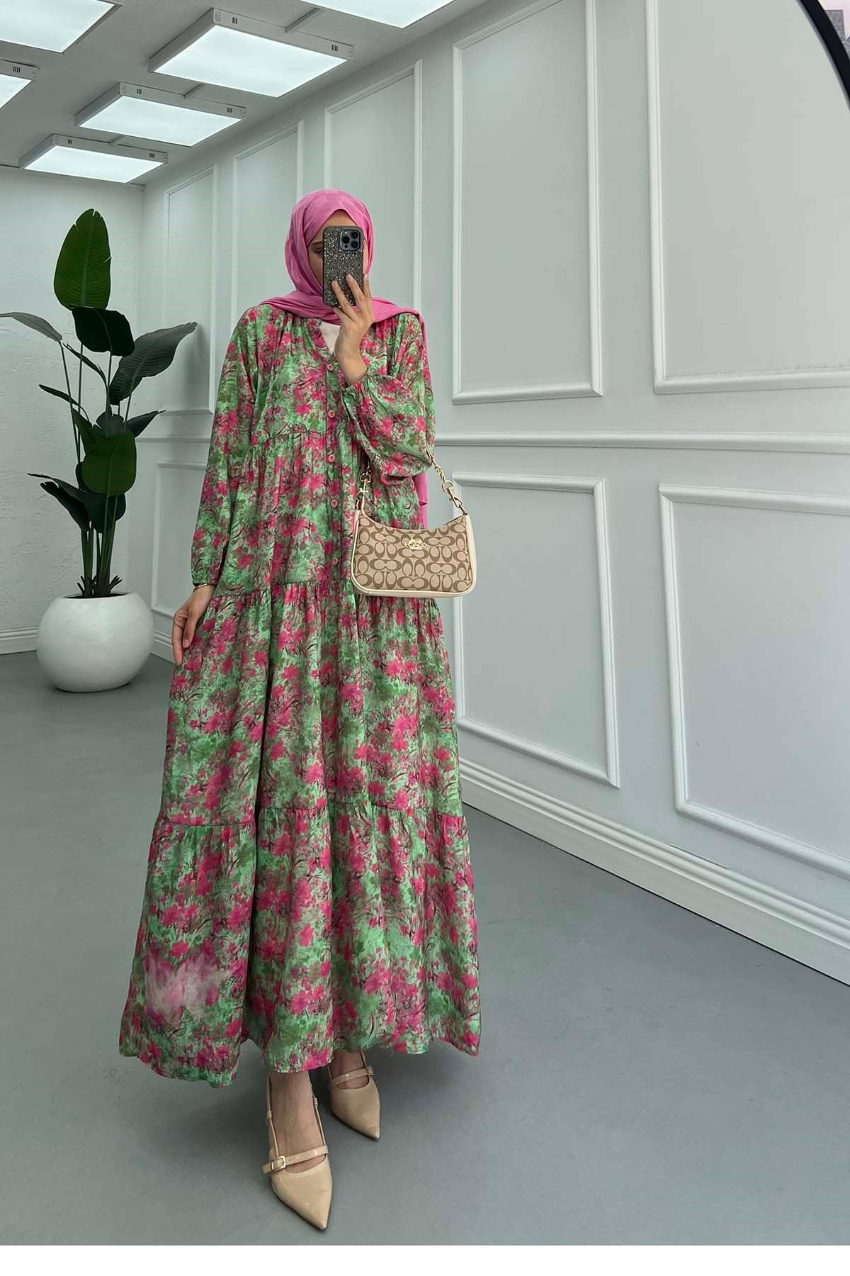 Desenli Mango Elbise Yeşil-Pembe-Krem