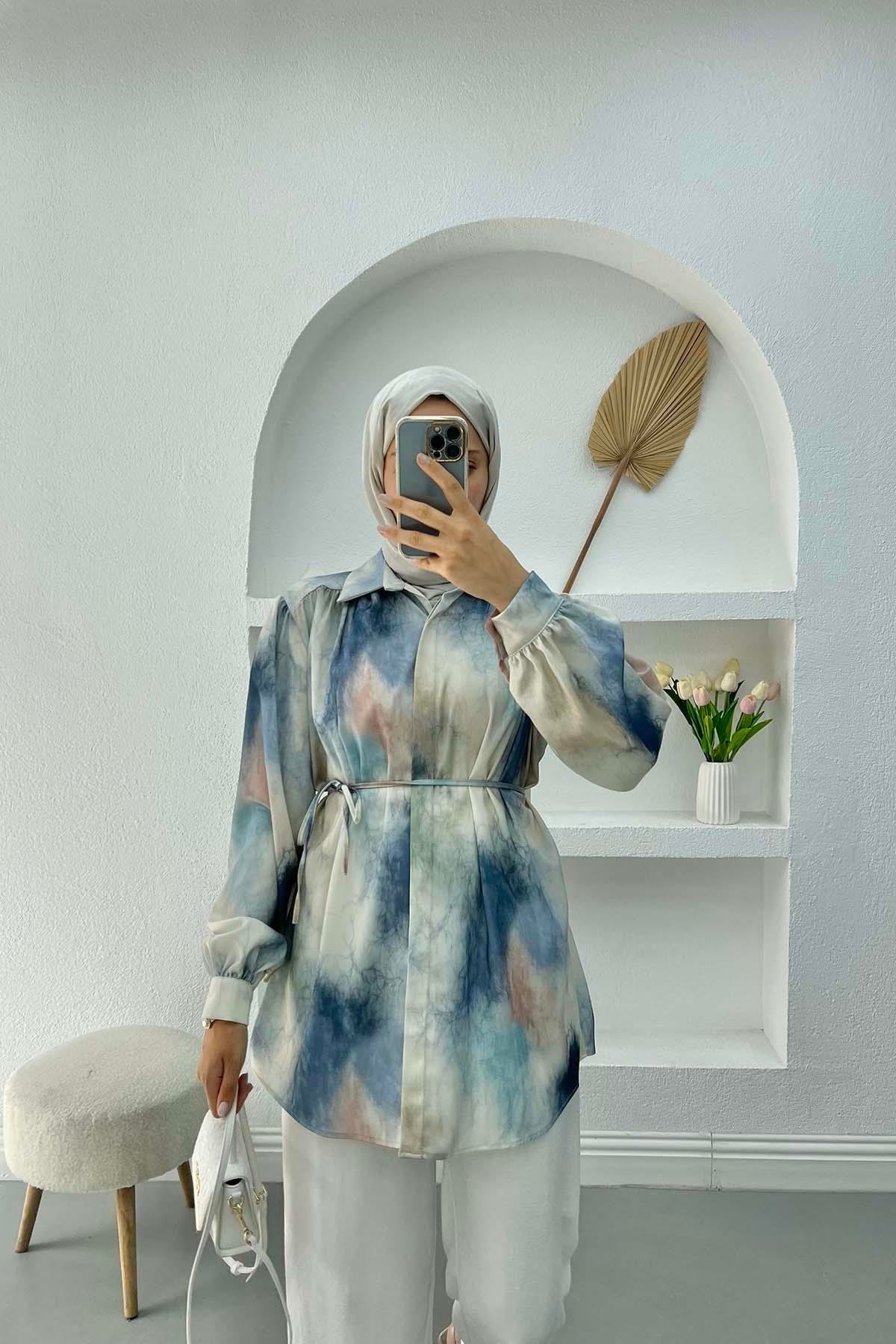 Desenli Saten Bluz İndigo