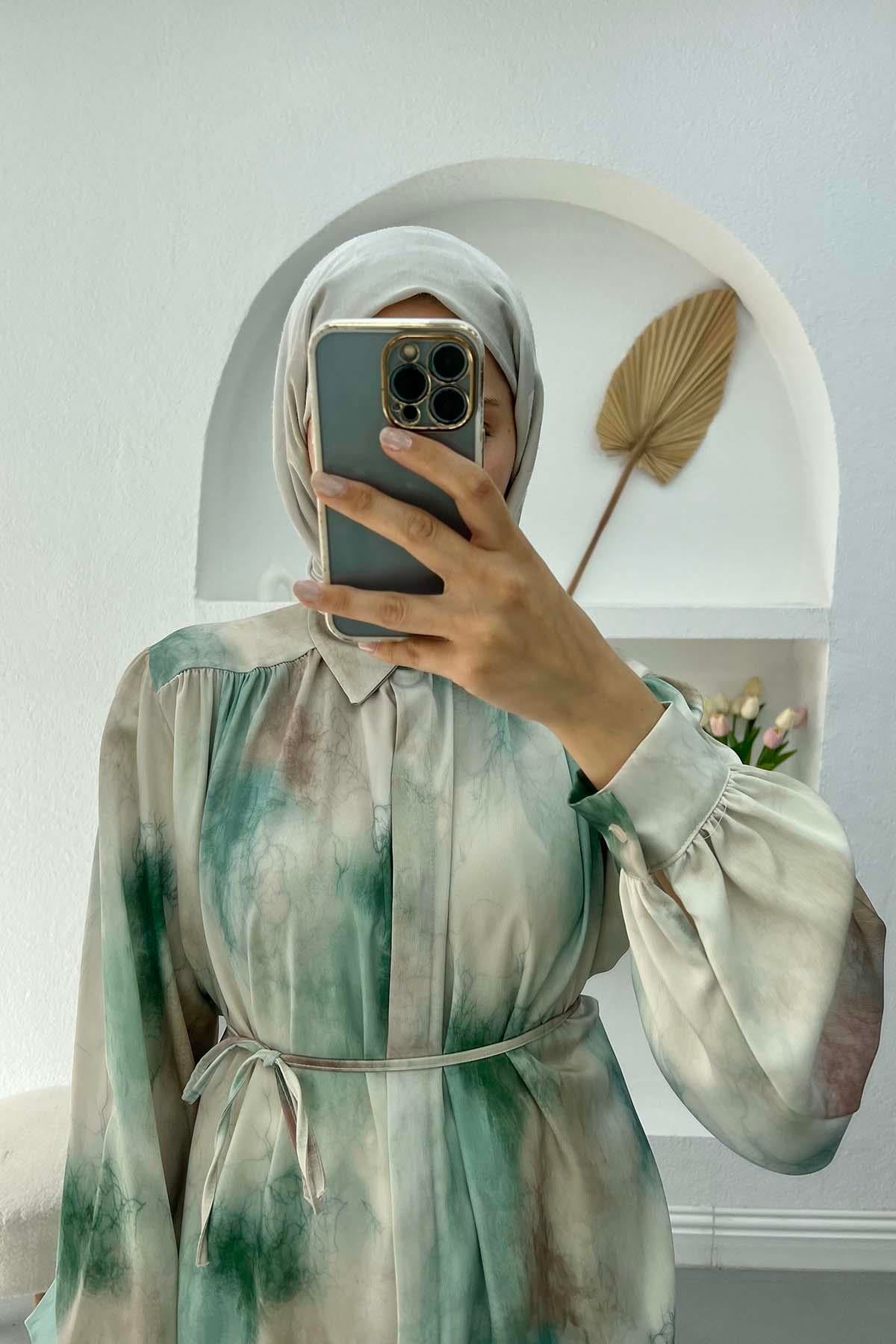 Desenli Saten Bluz Yeşil