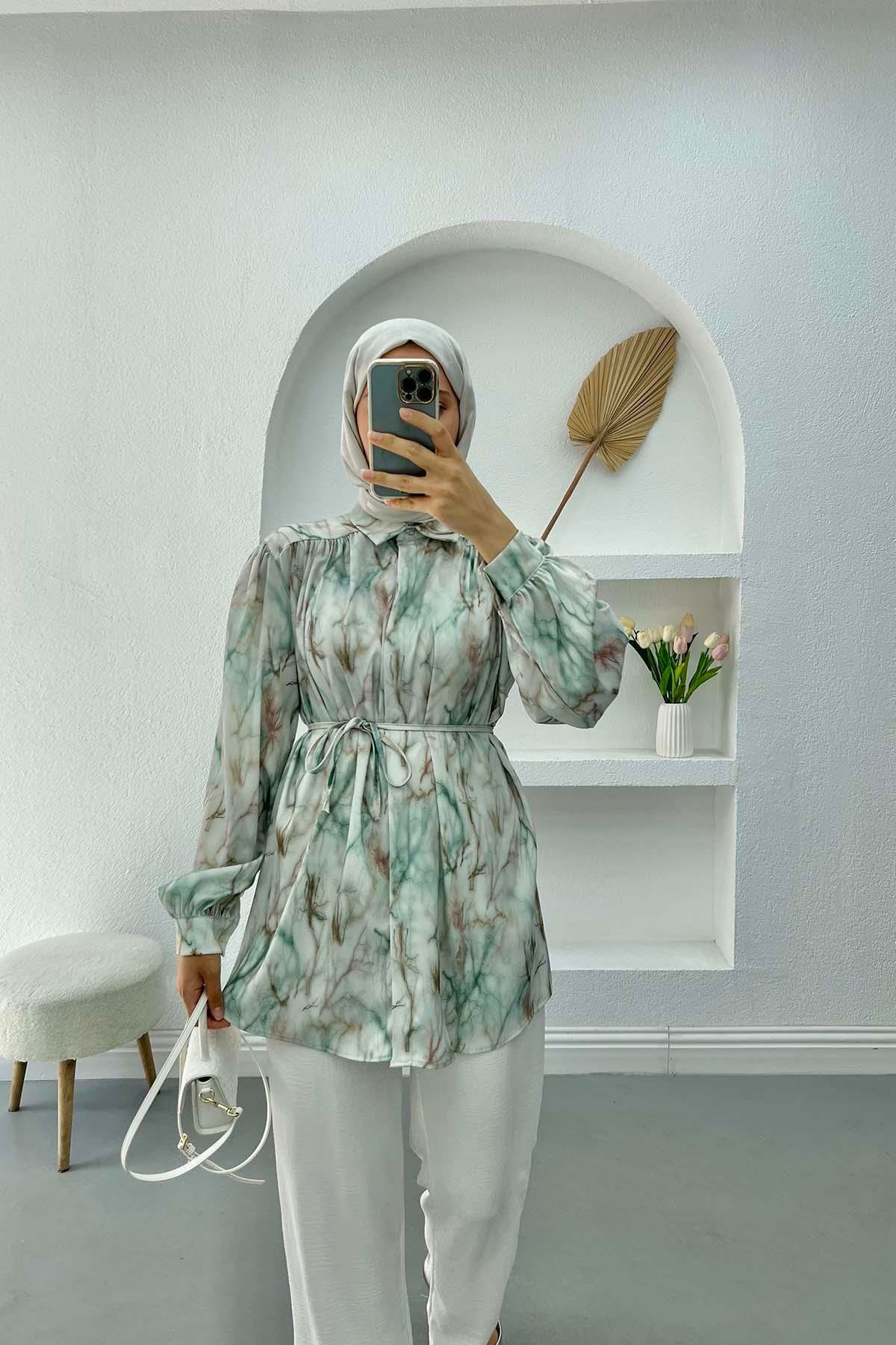 Desenli Saten Bluz Yeşil
