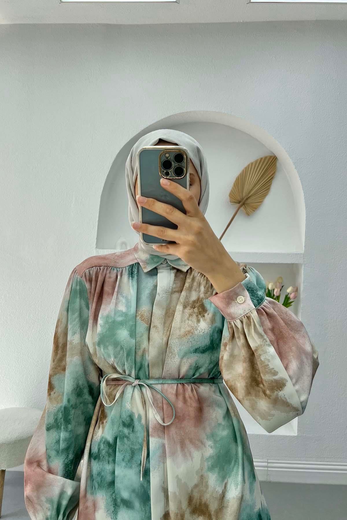 Desenli Saten Bluz Yeşil