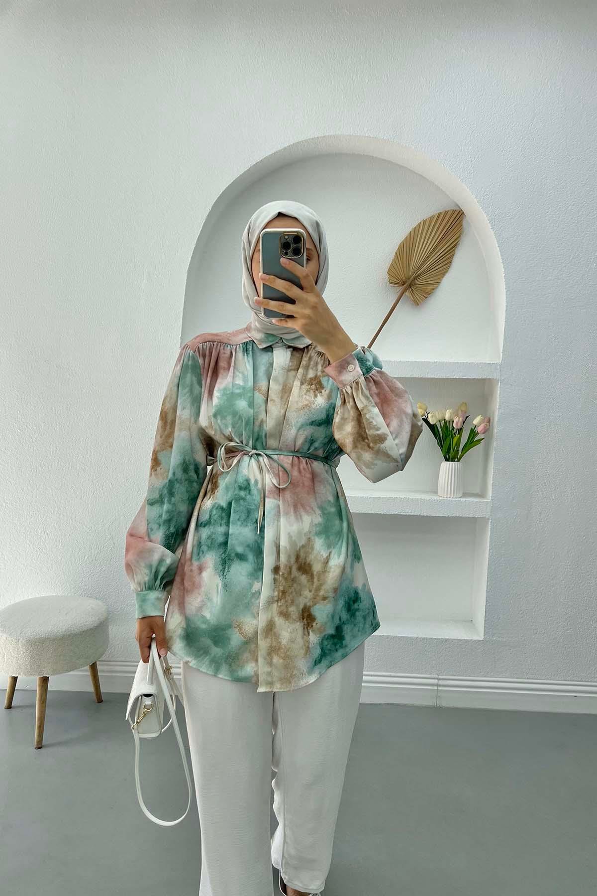 Desenli Saten Bluz Yeşil