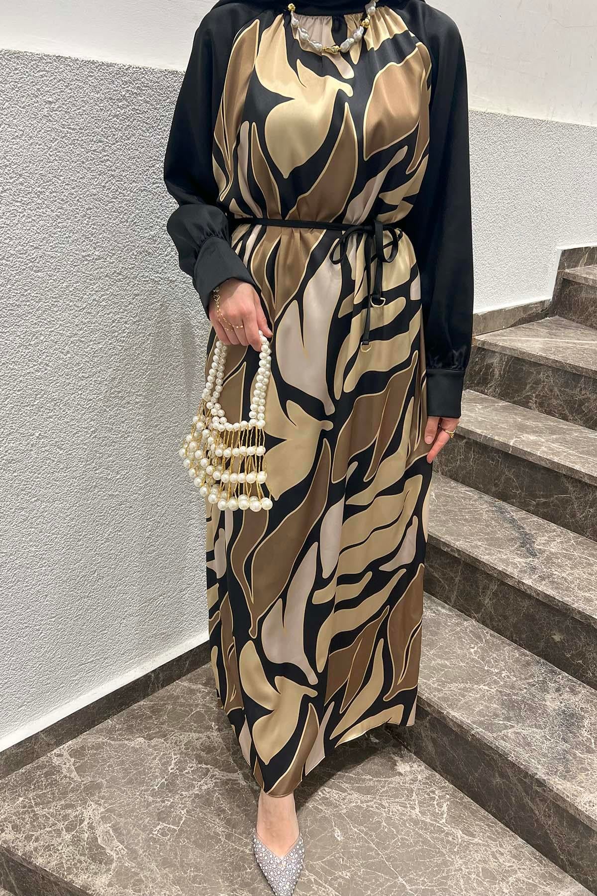 Desenli Saten Elbise Gold