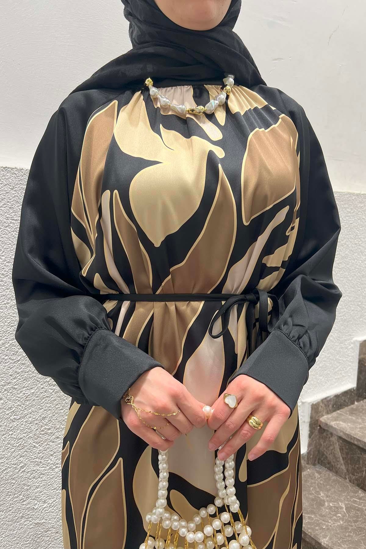 Desenli Saten Elbise Gold