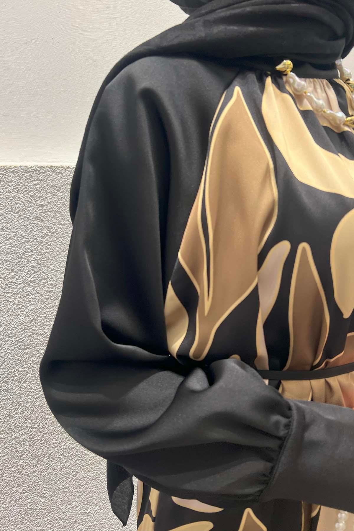 Desenli Saten Elbise Gold