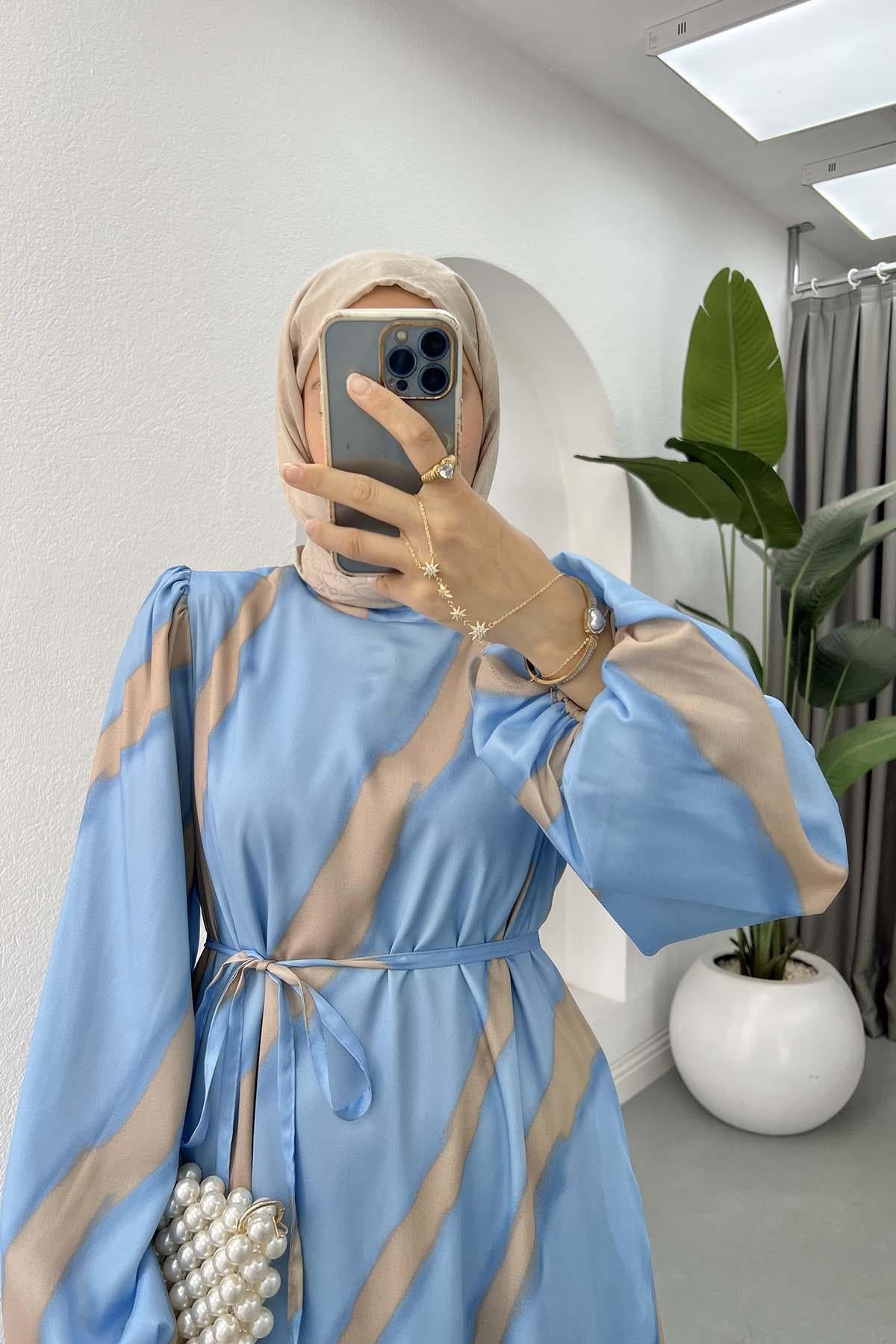 Desenli Saten Elbise Mavi