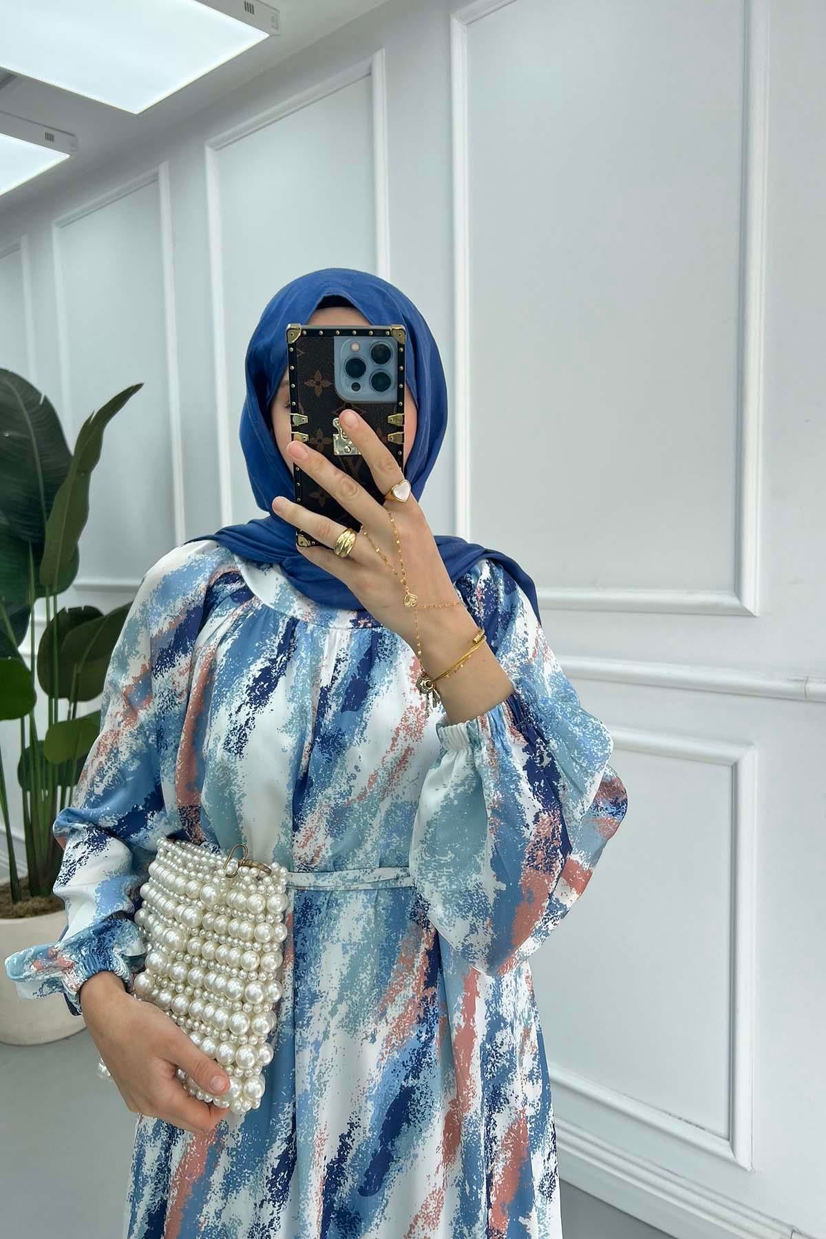 Desenli Saten Elbise Mavi