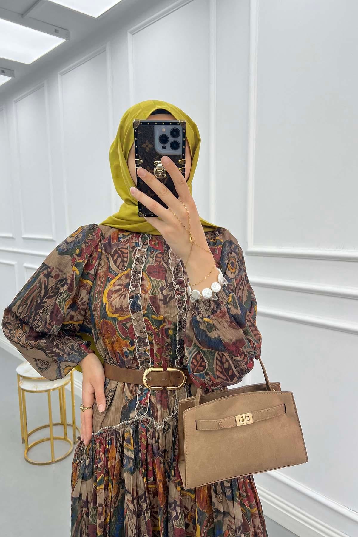 Desenli Şifon Elbise Kahve