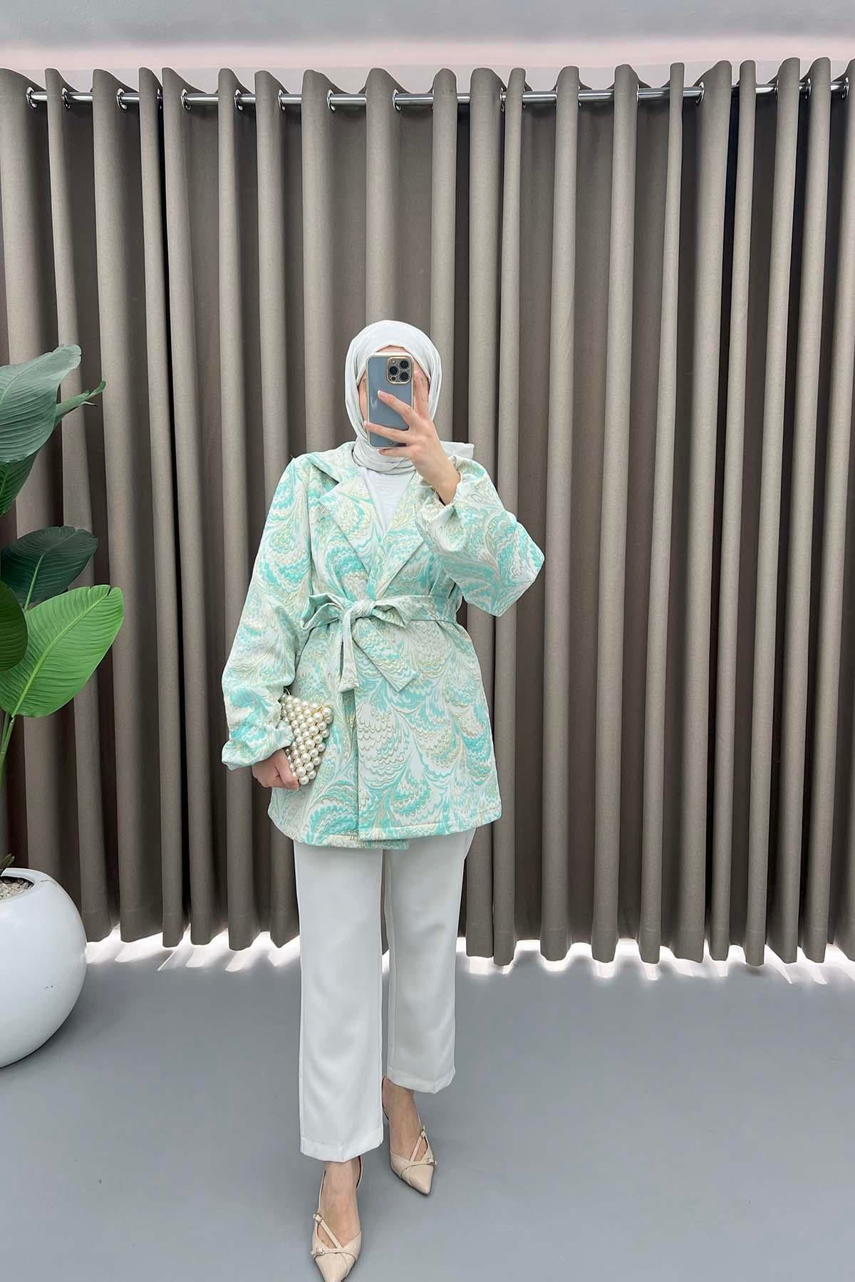 Desenli Simli Kimono Turkuaz