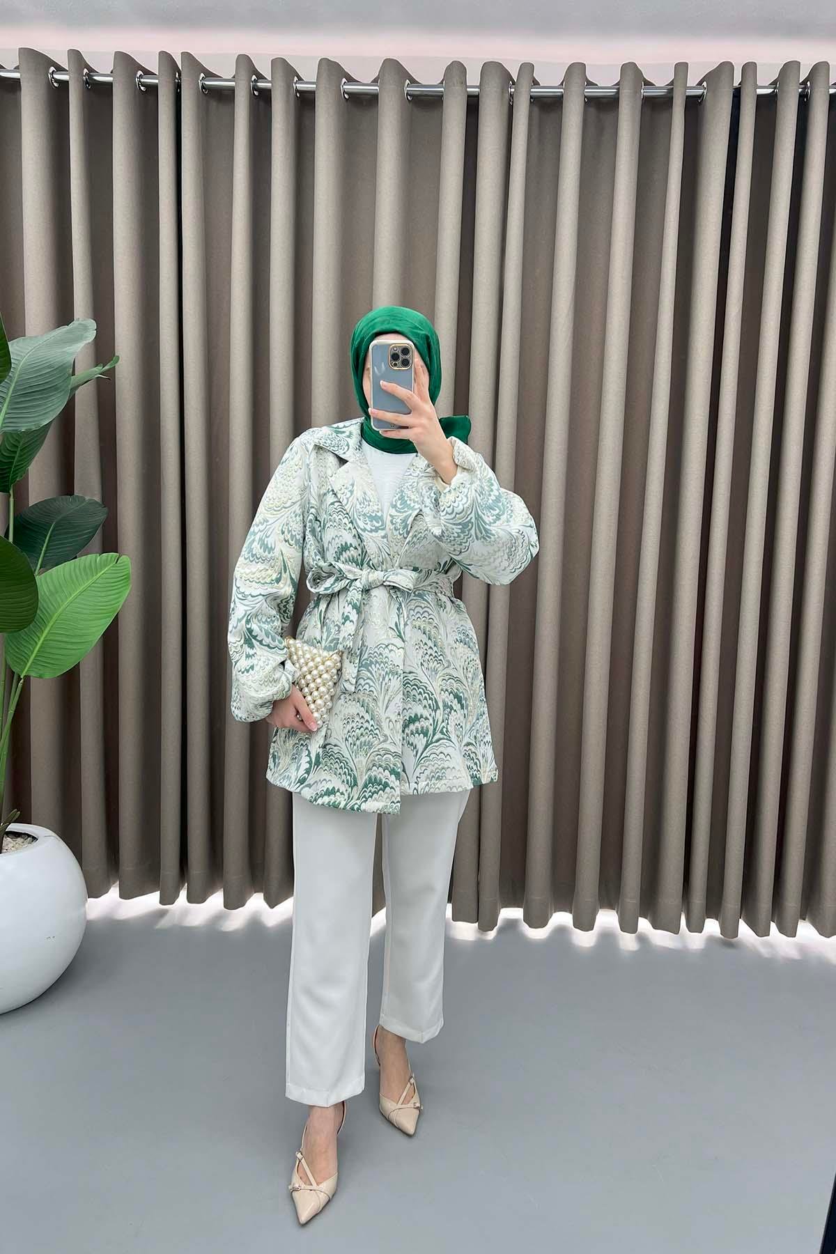 Desenli Simli Kimono Zümrüt Yeşili