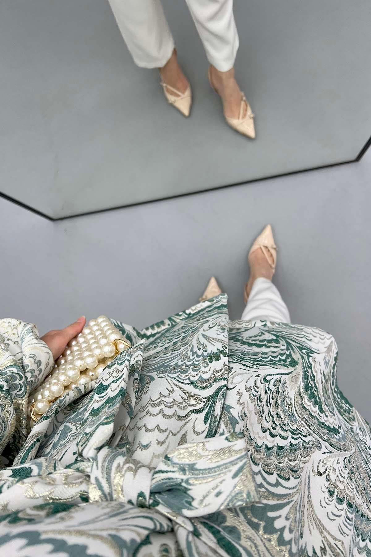 Desenli Simli Kimono Zümrüt Yeşili