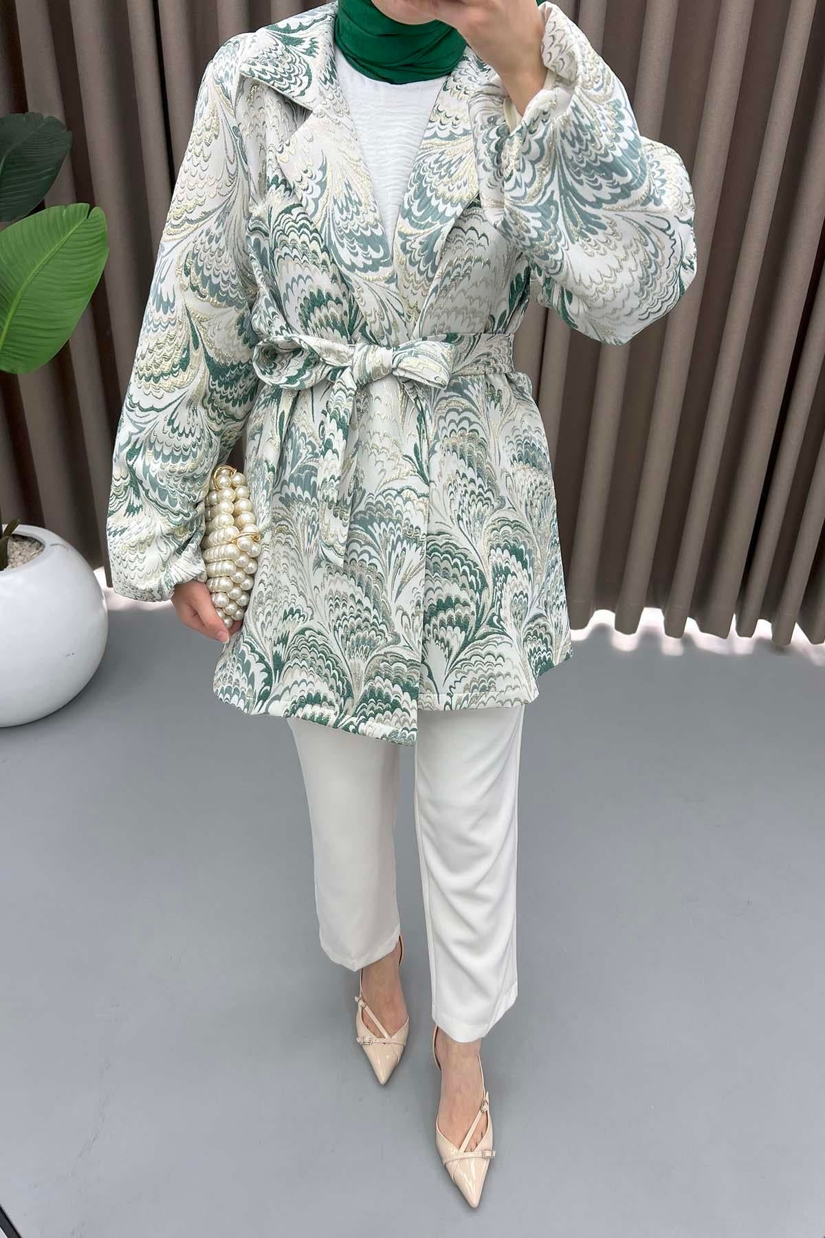Desenli Simli Kimono Zümrüt Yeşili
