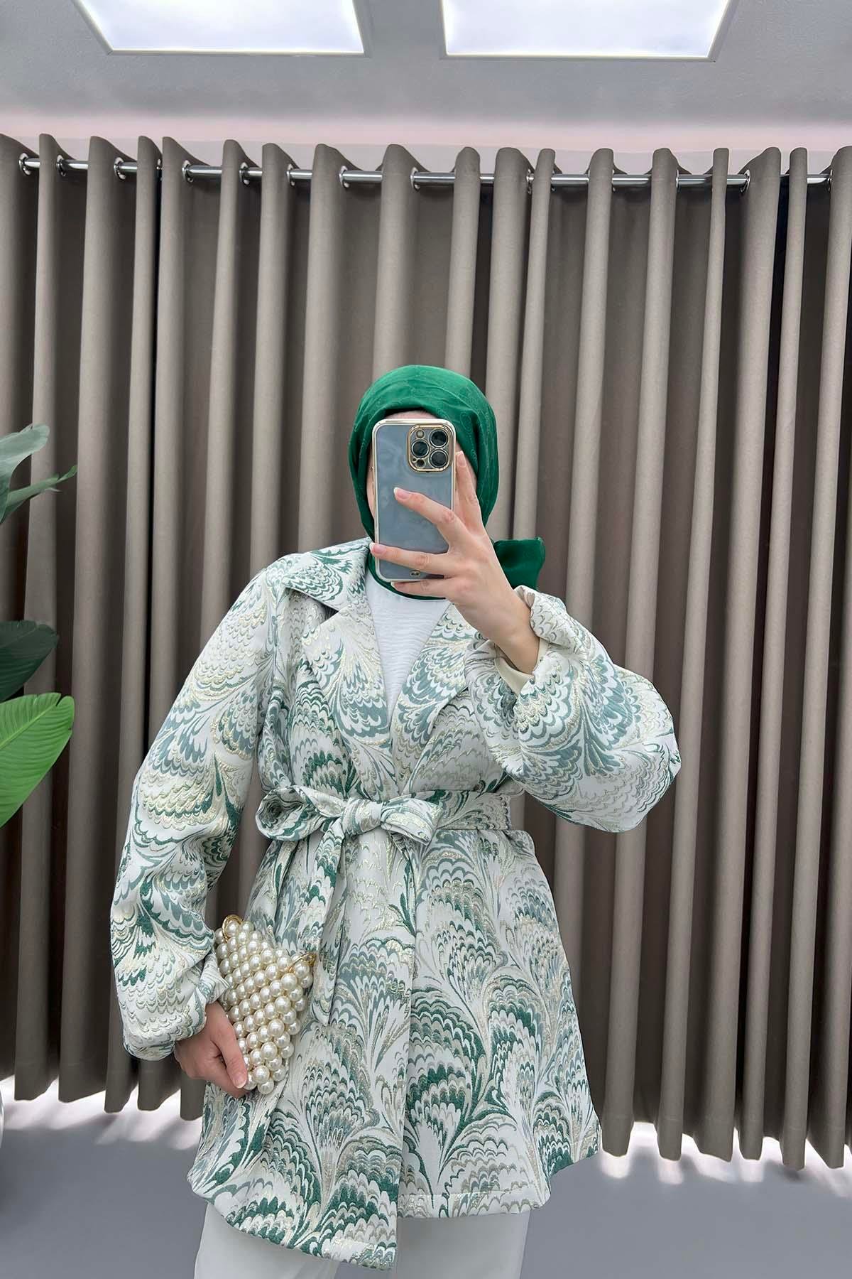 Desenli Simli Kimono Zümrüt Yeşili