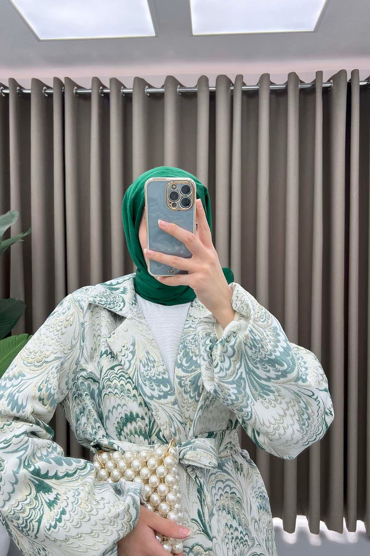 Desenli Simli Kimono Zümrüt Yeşili