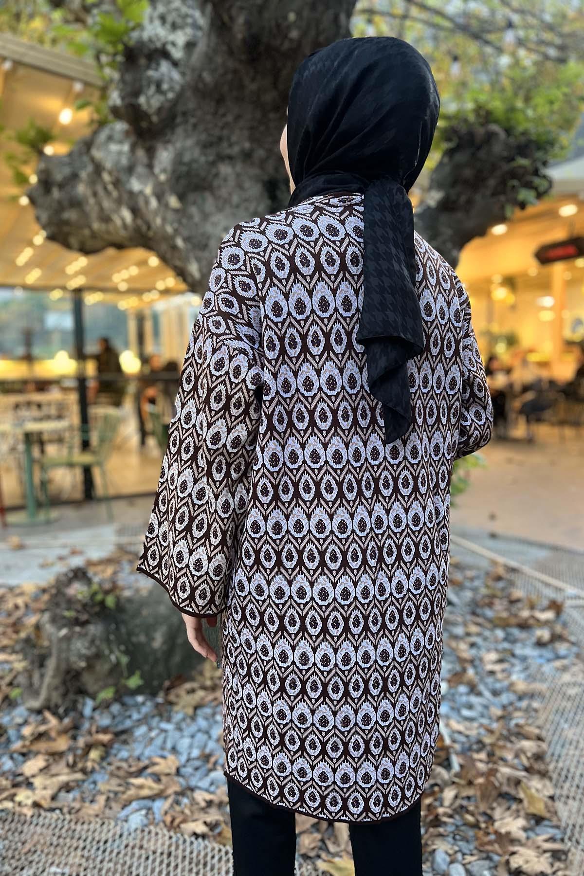 Desenli Triko Hırka Kahve
