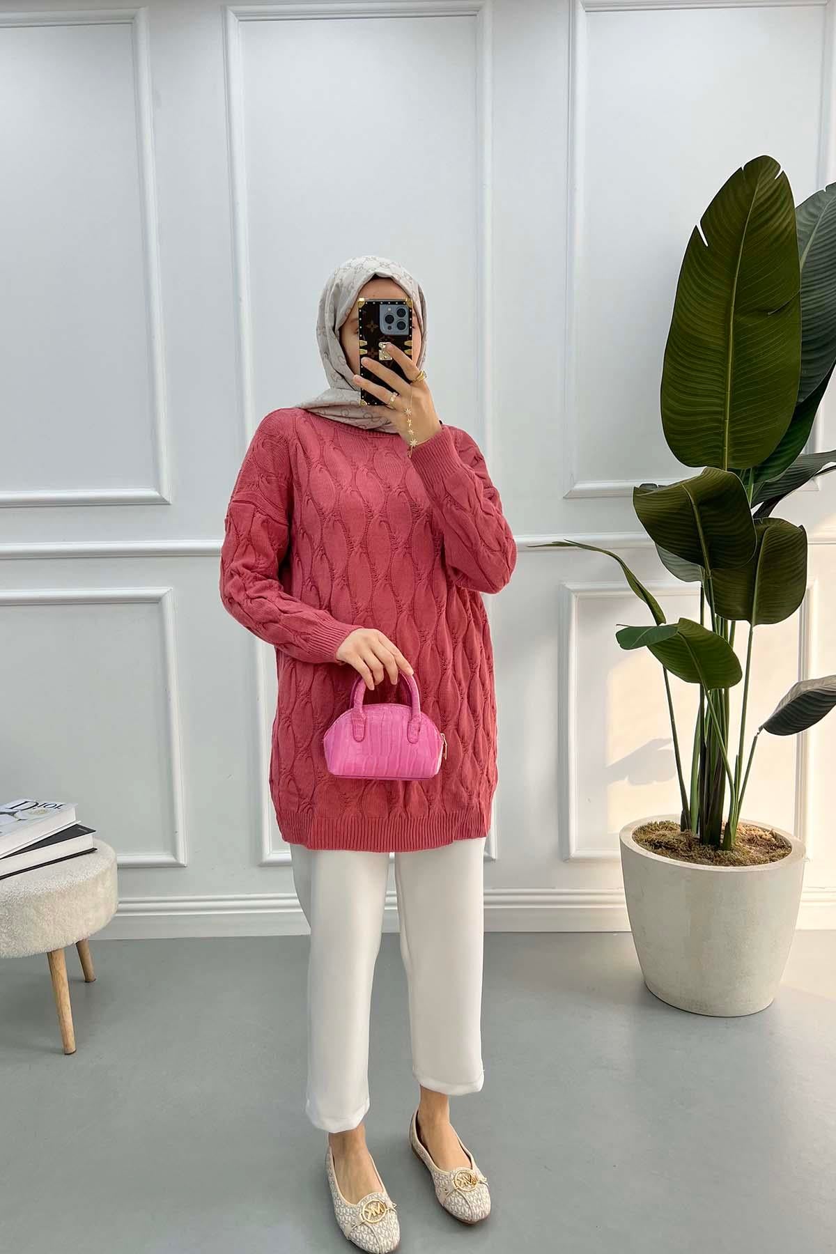 Desenli Triko Tunik Fuşya