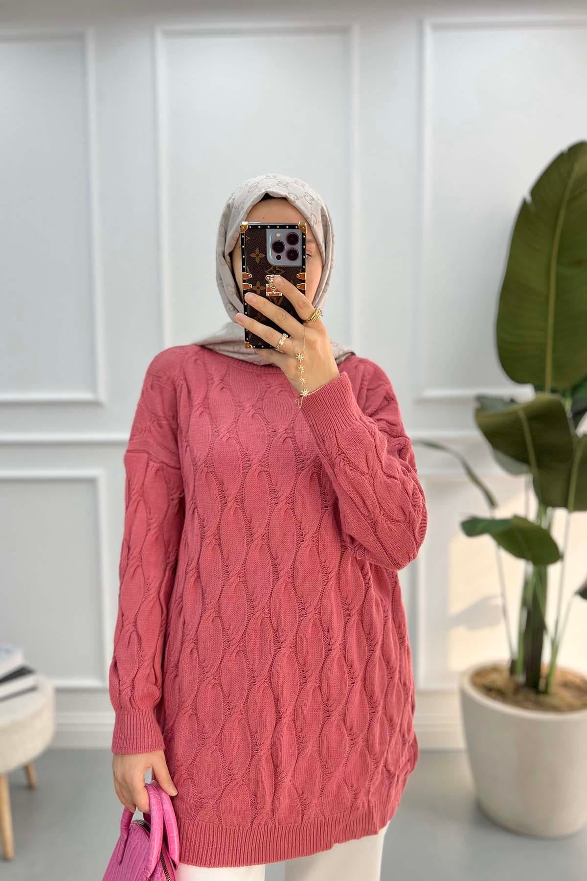 Desenli Triko Tunik Fuşya
