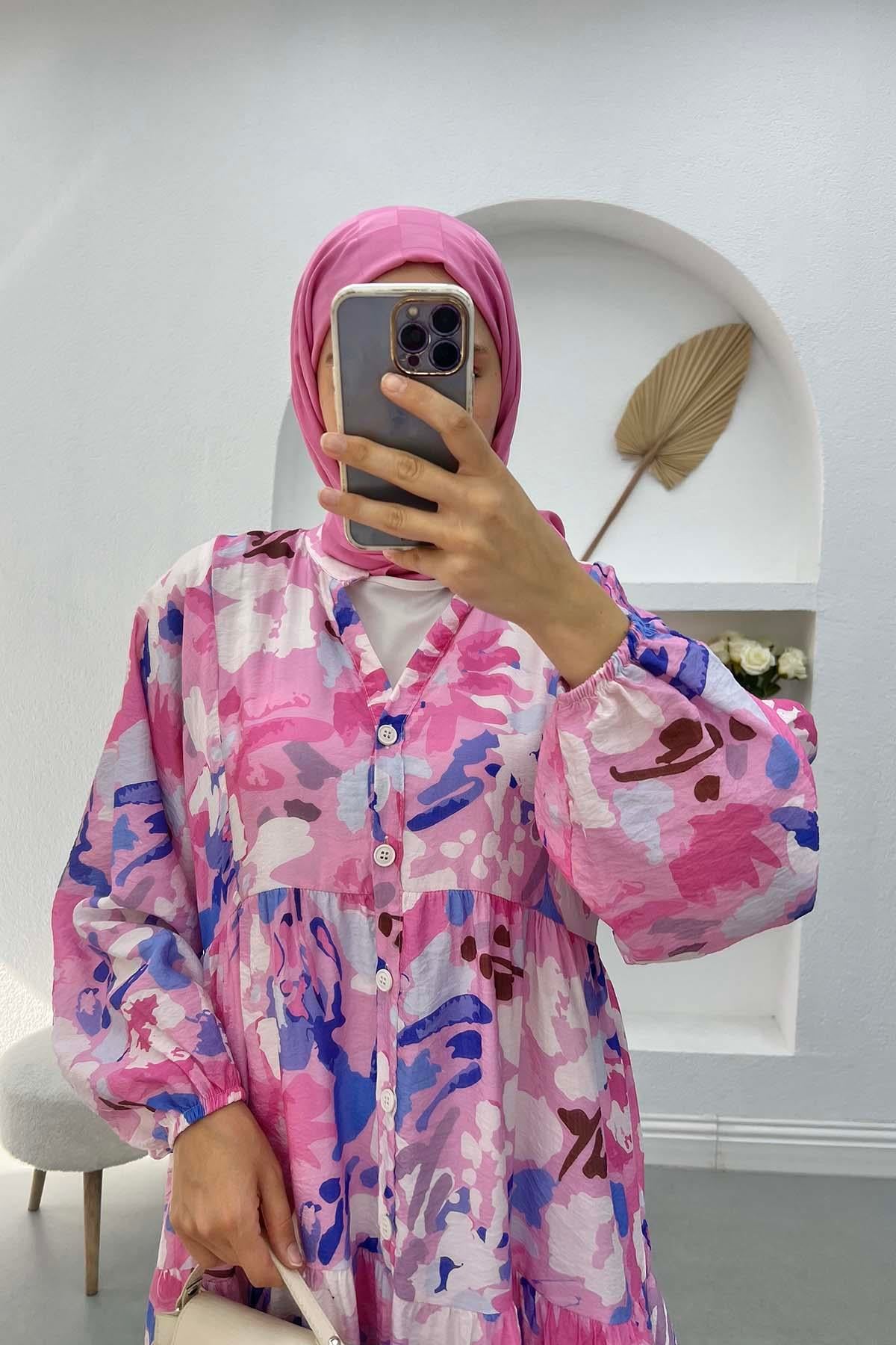 Desenli V Yaka Elbise Pembe