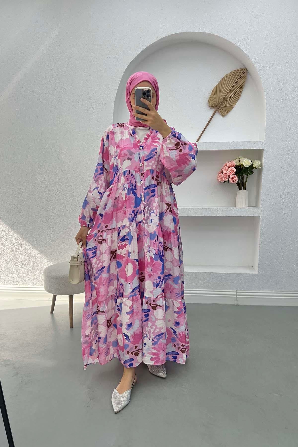 Desenli V Yaka Elbise Pembe