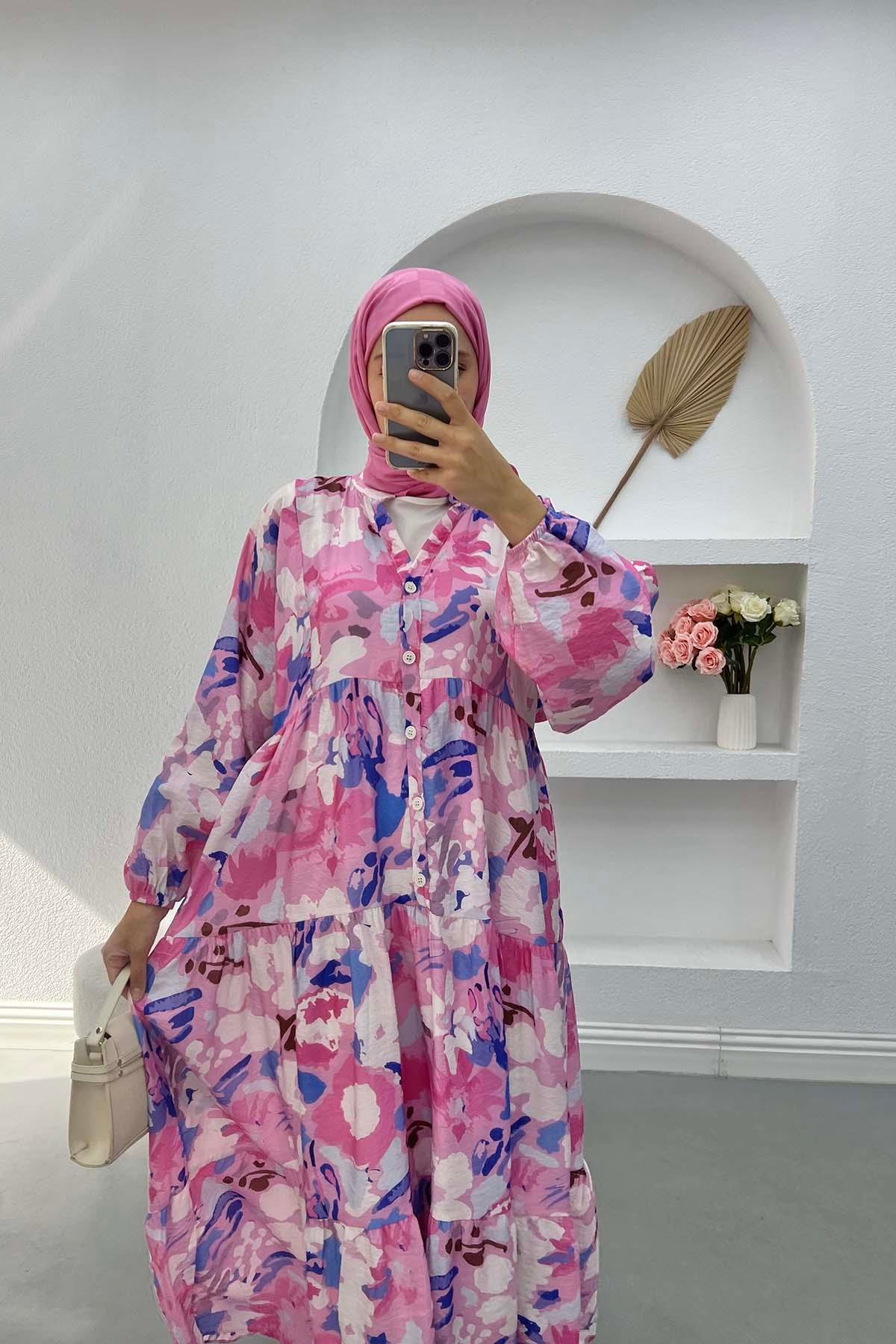 Desenli V Yaka Elbise Pembe