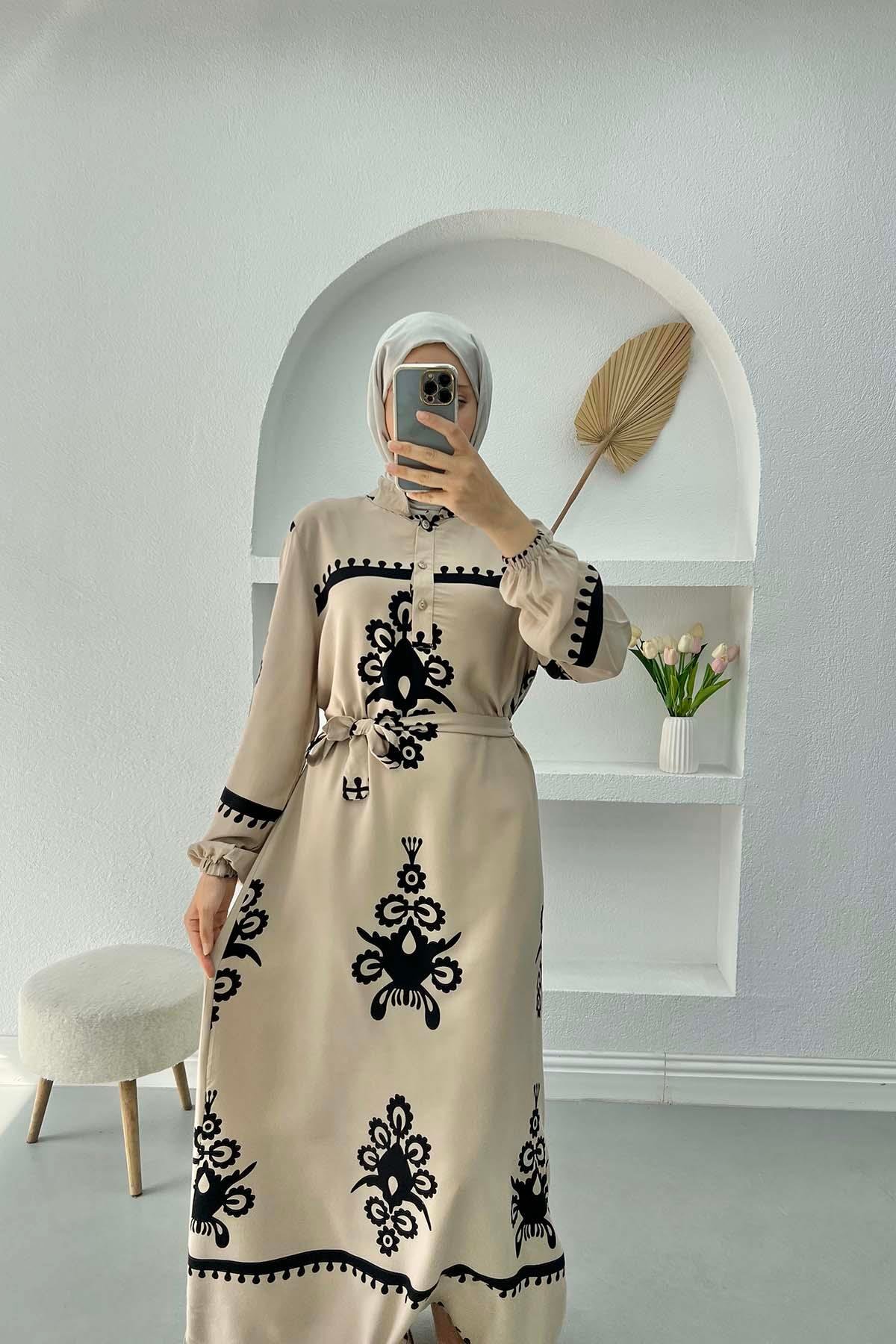 Desenli Viskon Elbise Bej