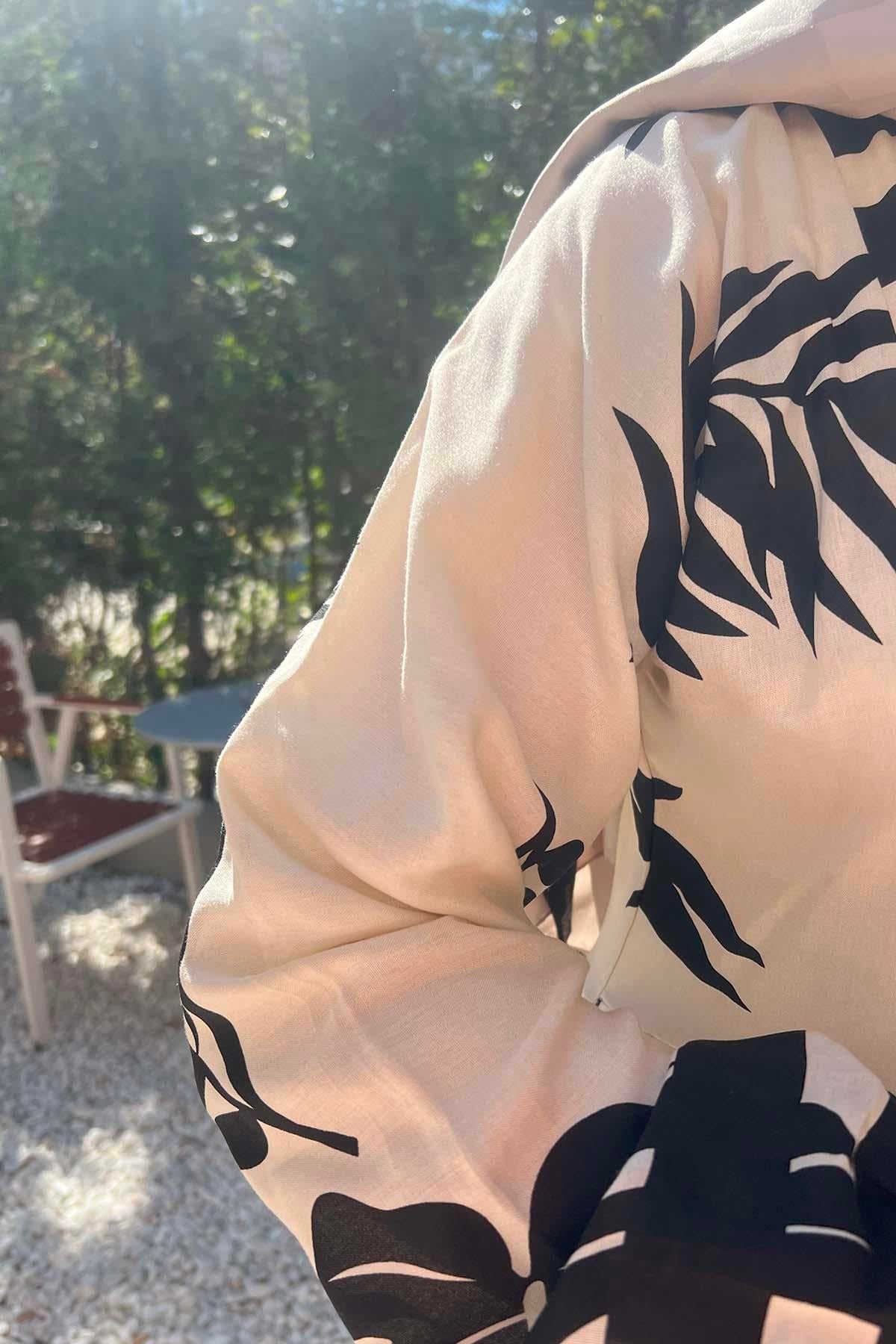 Desenli Viskon Elbise Ekru