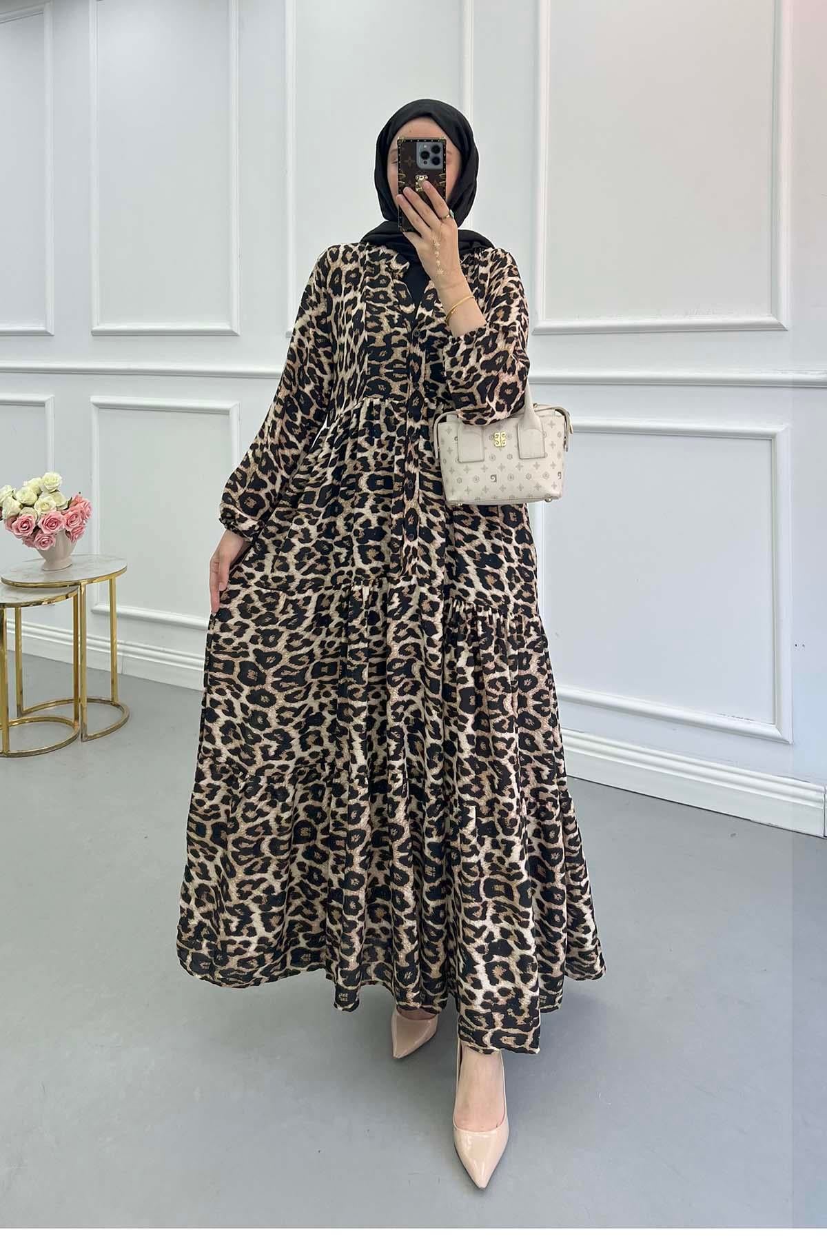 Desenli Viskon Elbise Leopar