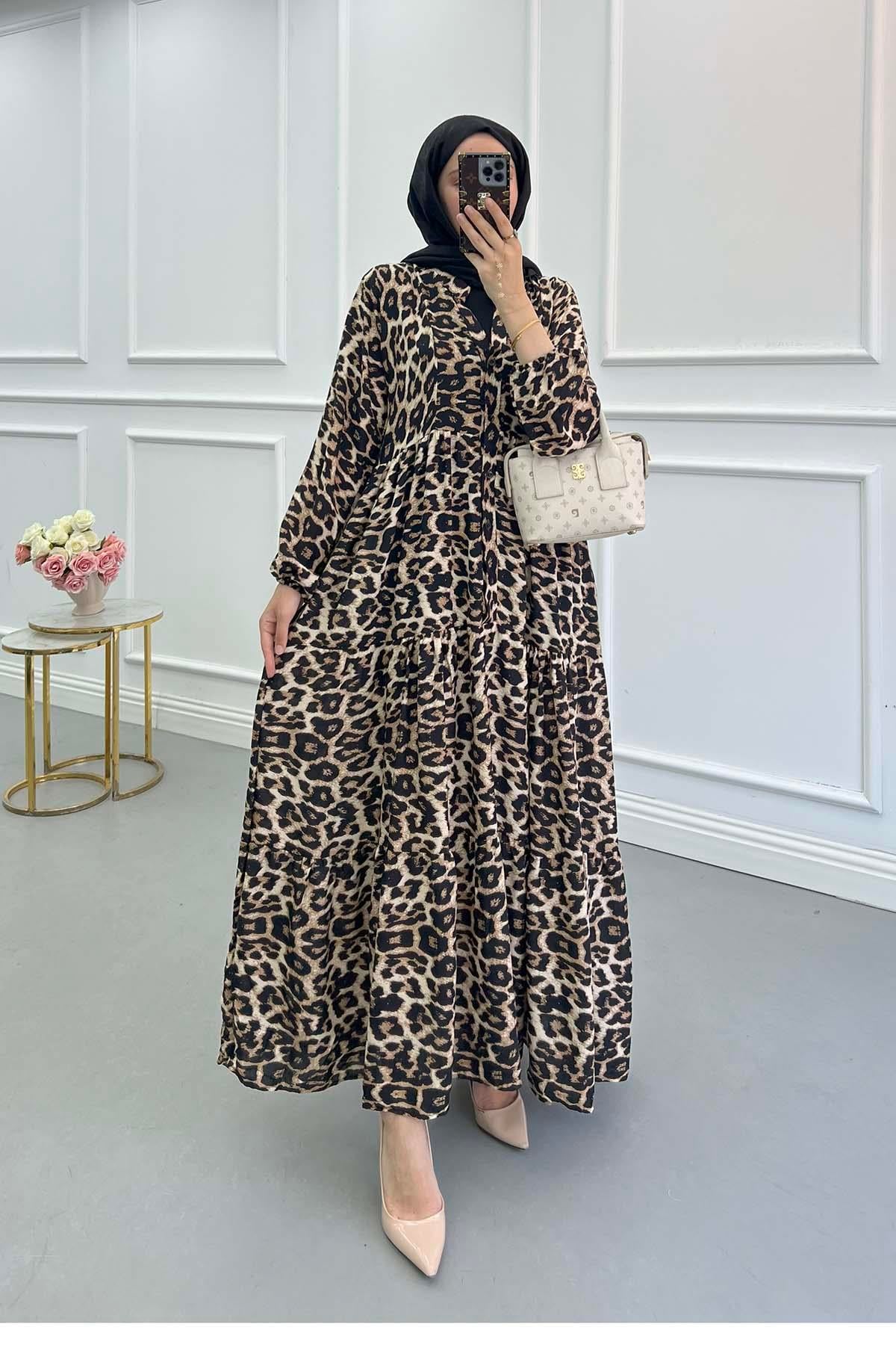 Desenli Viskon Elbise Leopar