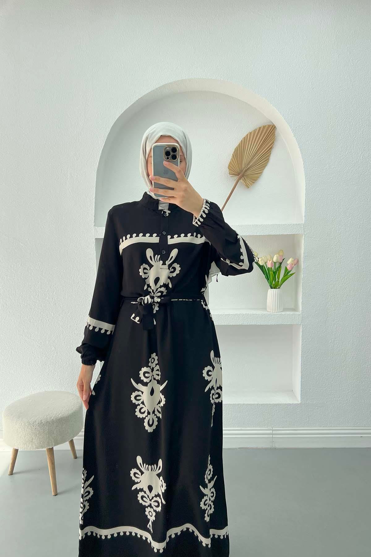 Desenli Viskon Elbise Siyah