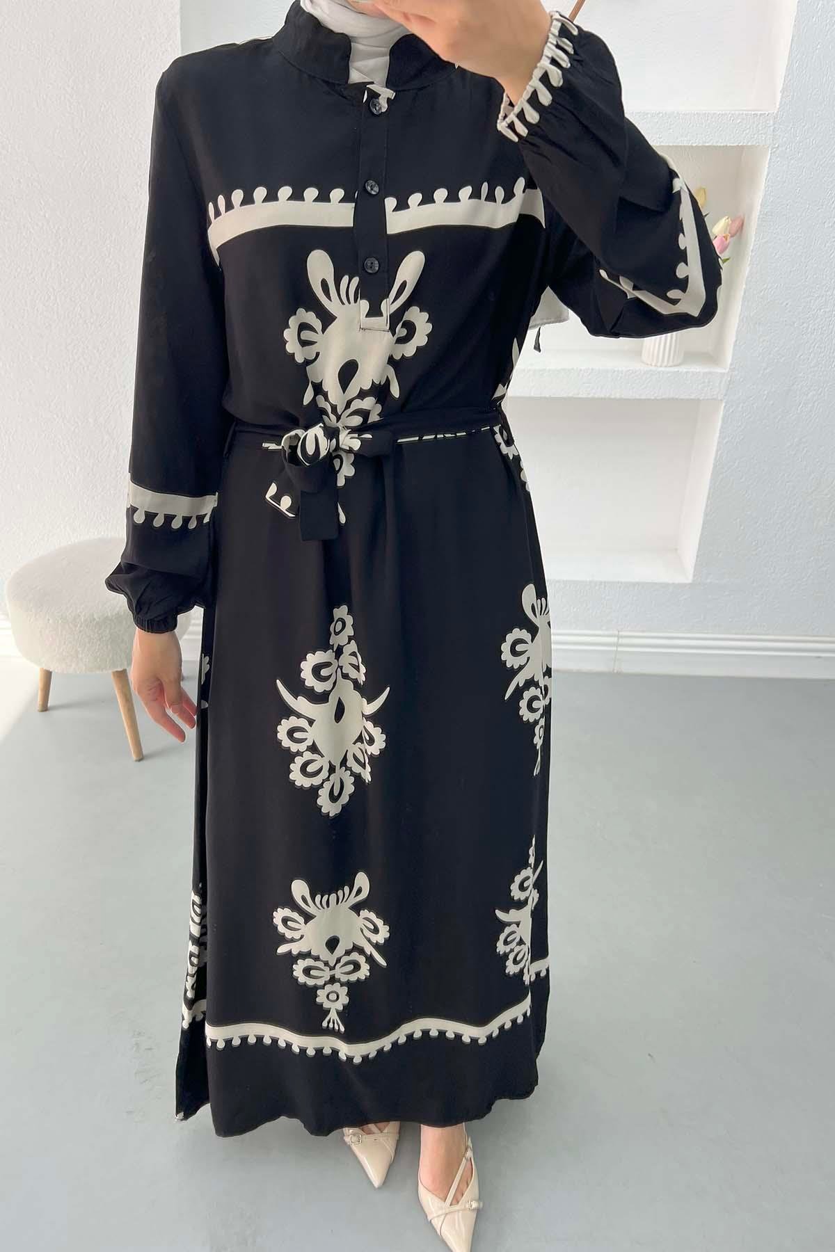Desenli Viskon Elbise Siyah