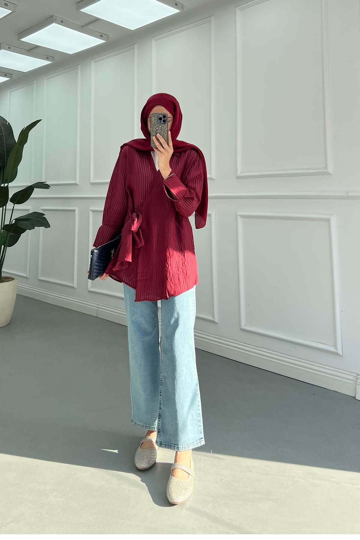 Dik Çizgili Krinkıl Dokulu Bağlamalı  Kimono Bordo