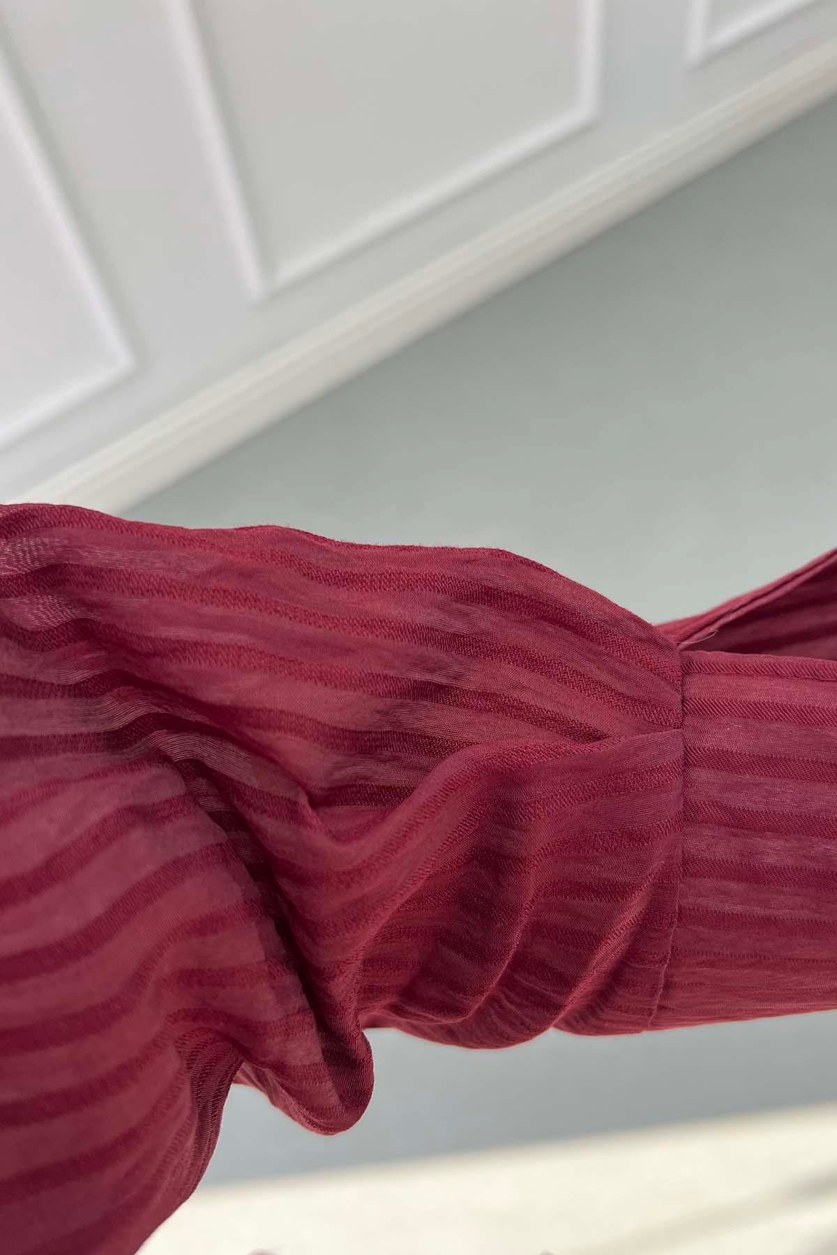 Dik Çizgili Krinkıl Dokulu Bağlamalı  Kimono Bordo