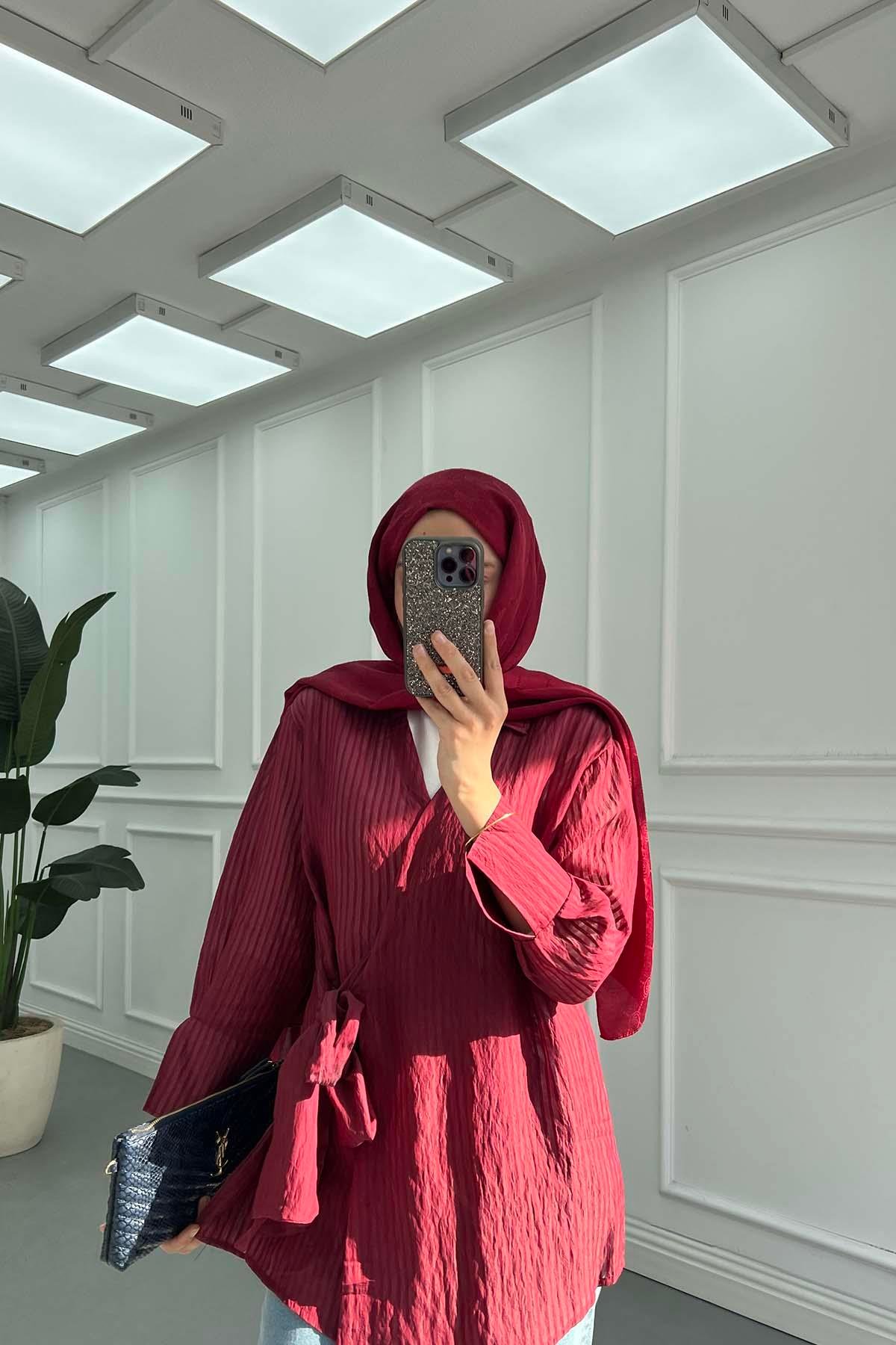 Dik Çizgili Krinkıl Dokulu Bağlamalı  Kimono Bordo
