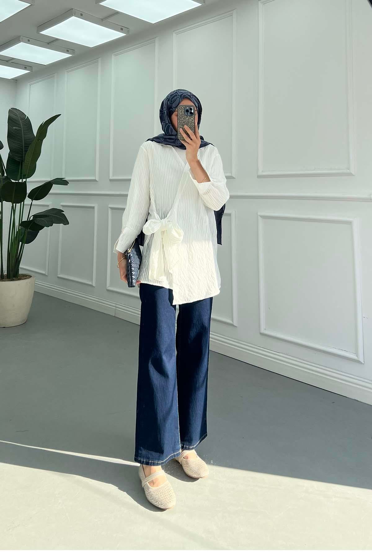 Dik Çizgili Krinkıl Dokulu Bağlamalı  Kimono Beyaz